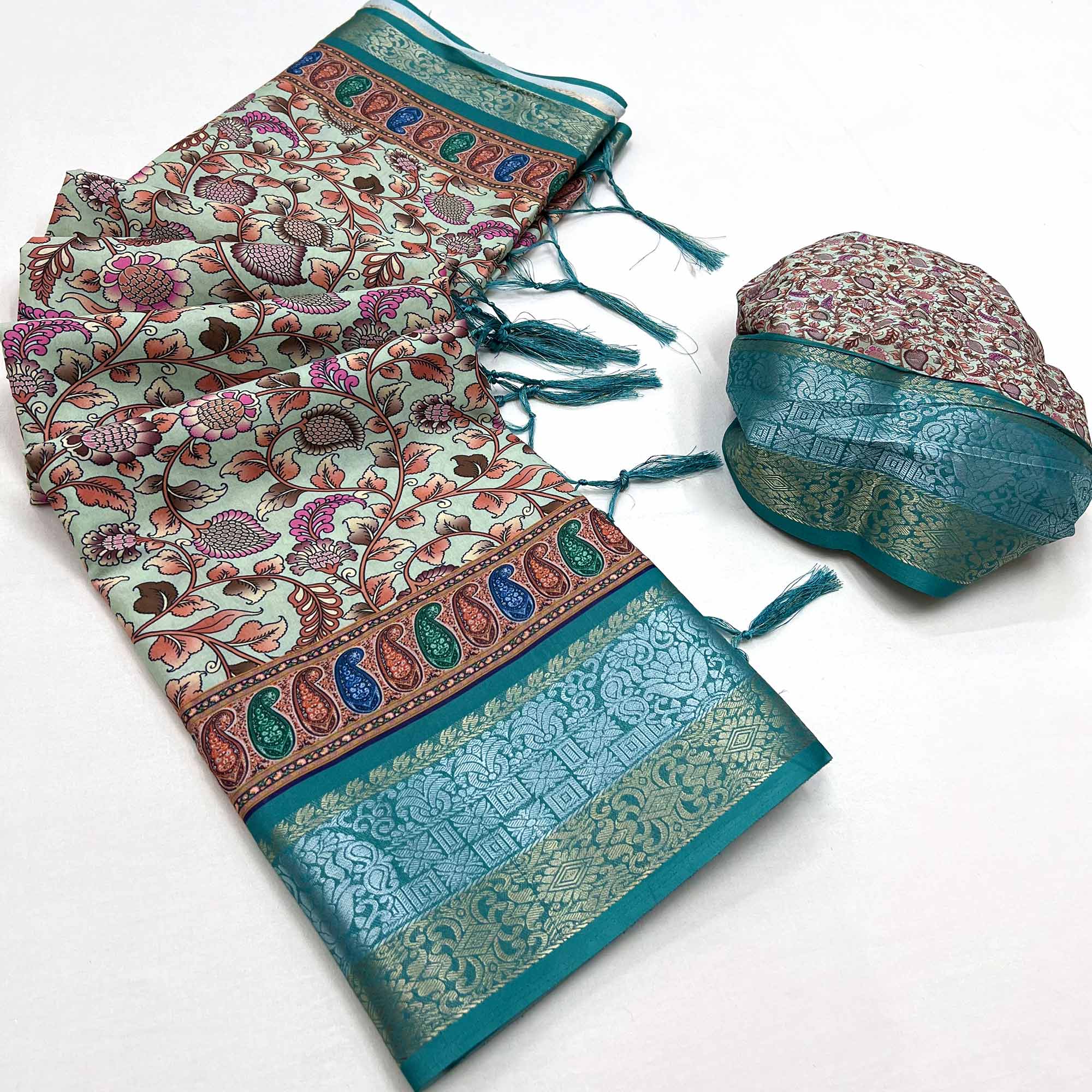 Blue Floral Digital Printed Pure Cotton Saree