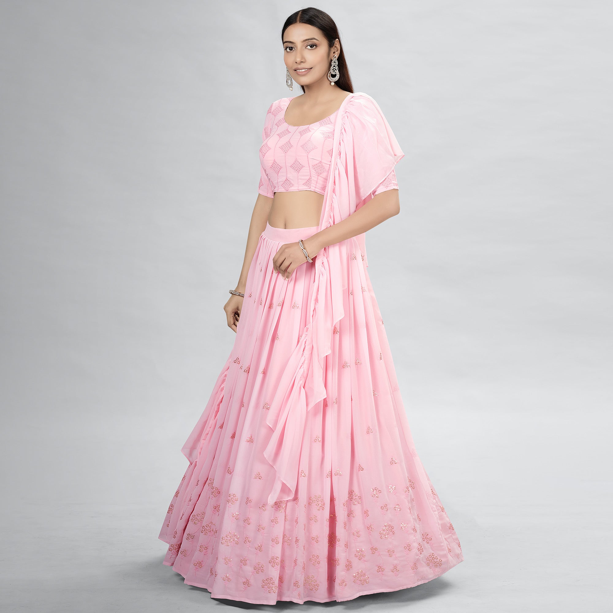 Pink Embroidered Georgette Lehenga Choli