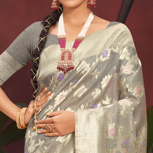 Grey Floral Woven Art Silk Saree