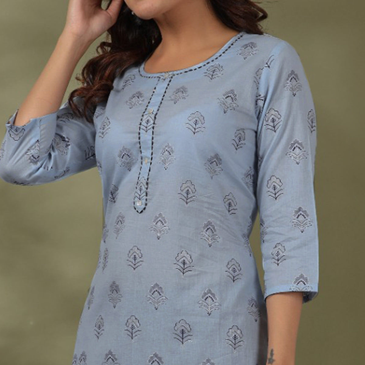 Sky Blue Floral Printed Rayon Kurti