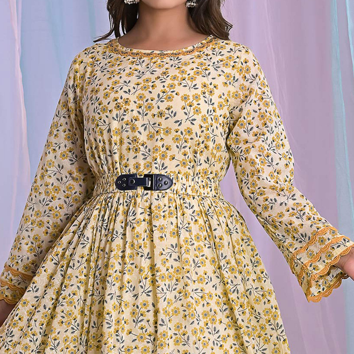 Yellow Floral Printed Pure Cotton Dress With Belt