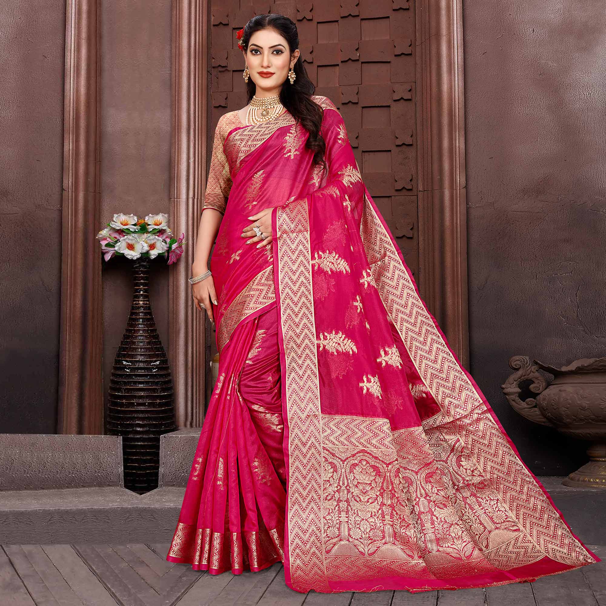 Rani Pink Floral Woven Organza Saree