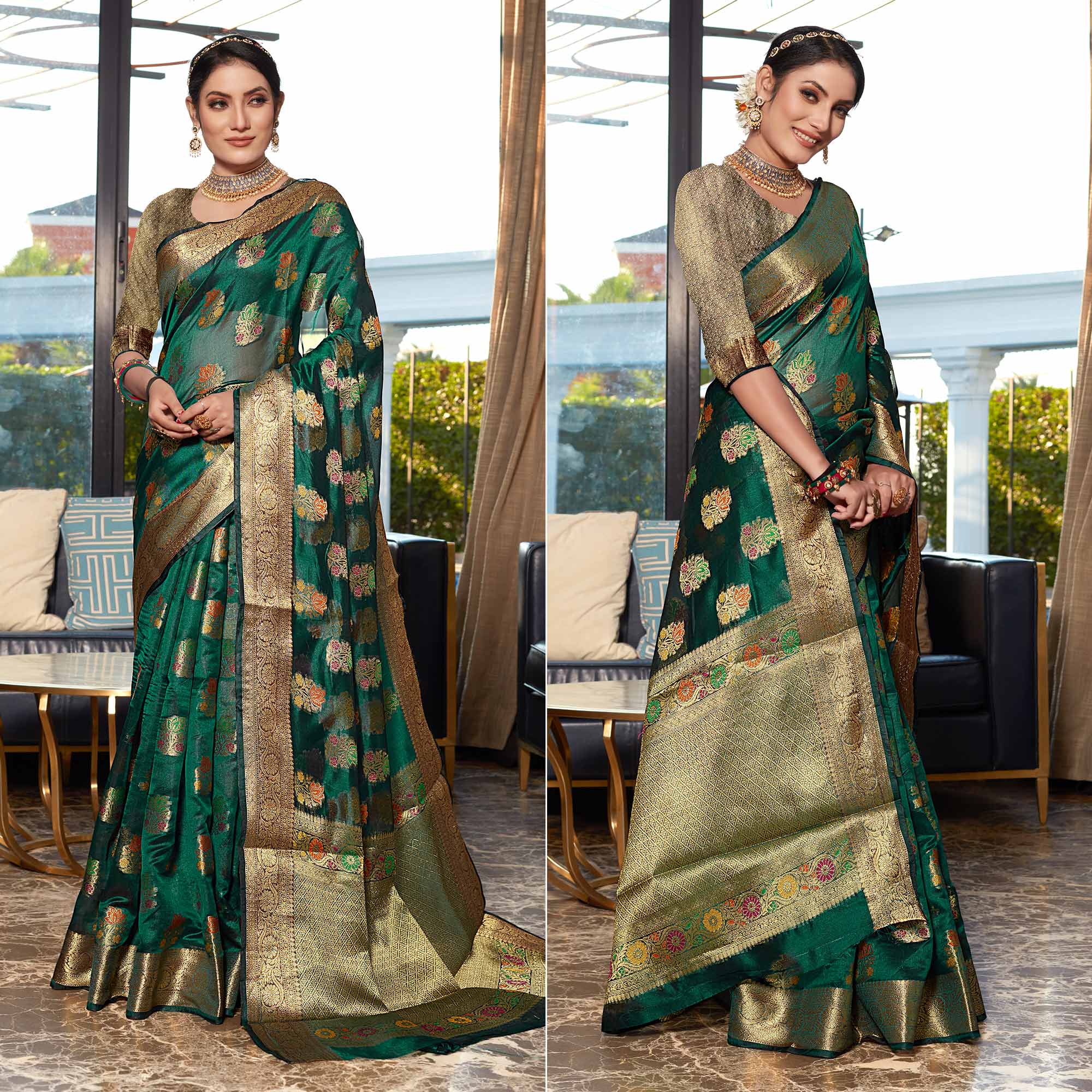 Green Floral Woven Organza Saree