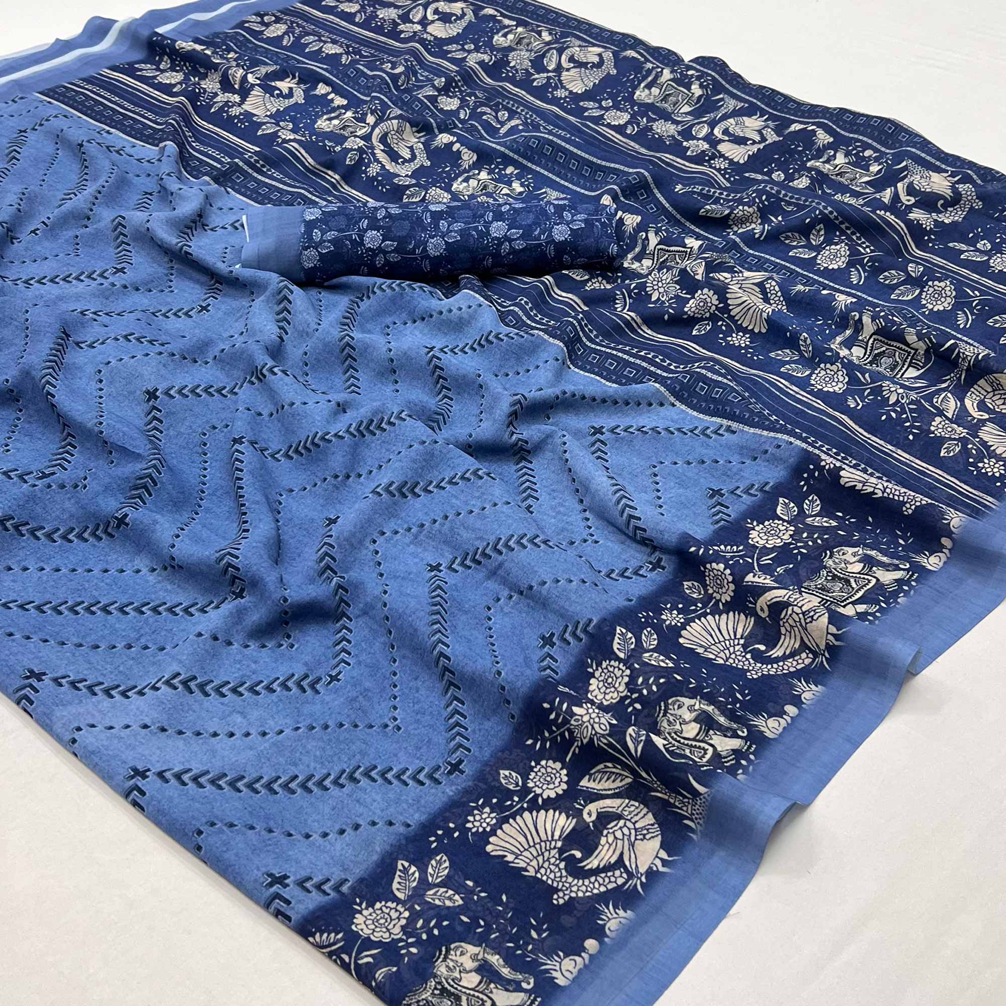 Blue Digital Printed Georgette Saree