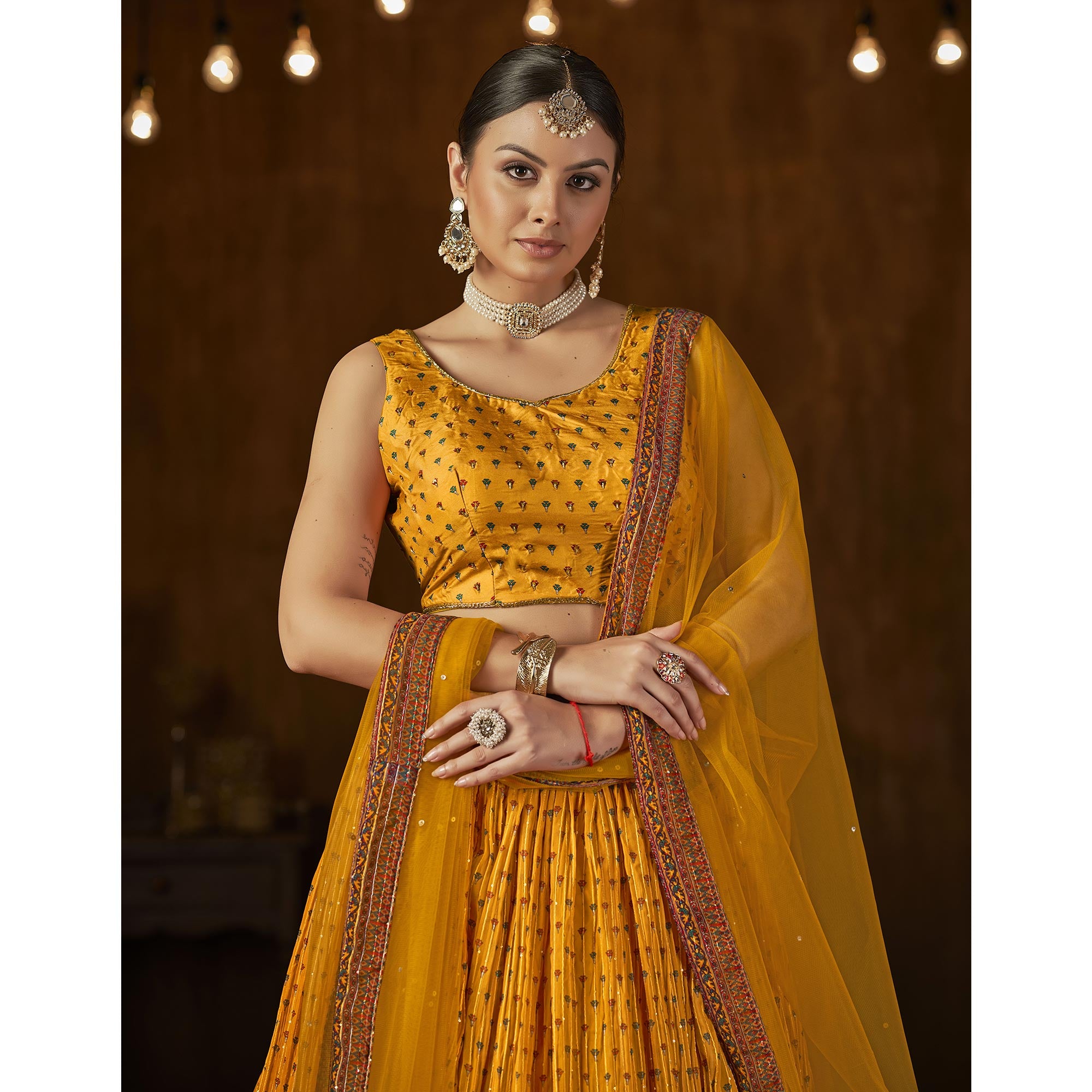 Mustard Printed With Sequins Work Georgette Lehenga Choli