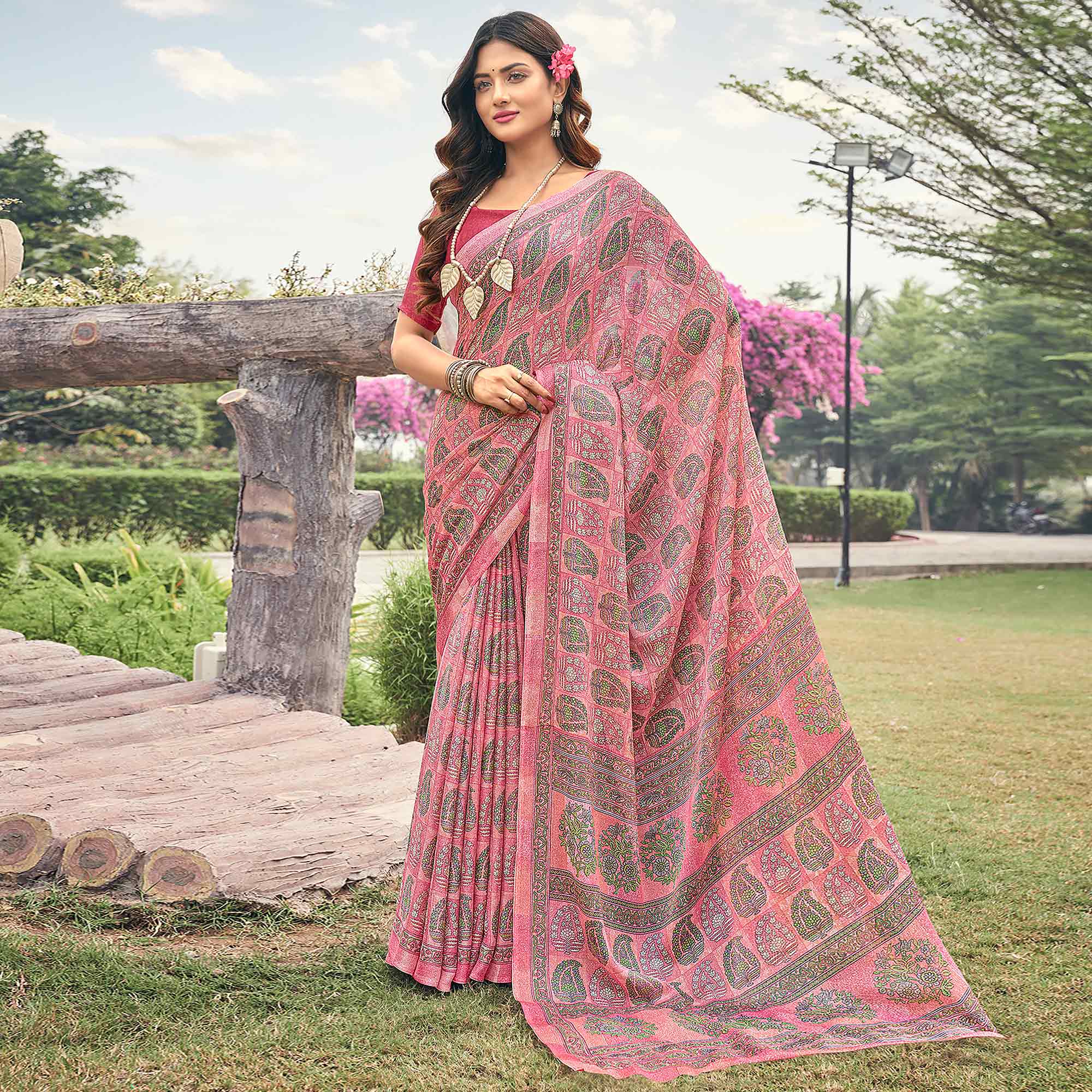 Salmon Pink Printed Chiffon Saree