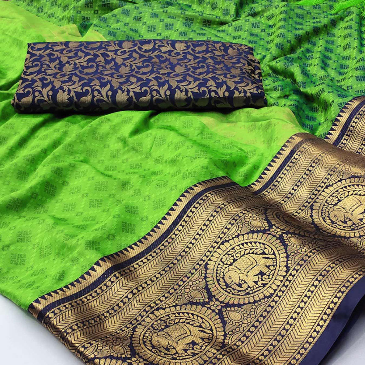 Parrot Green Woven Cotton Silk Saree With Tassels
