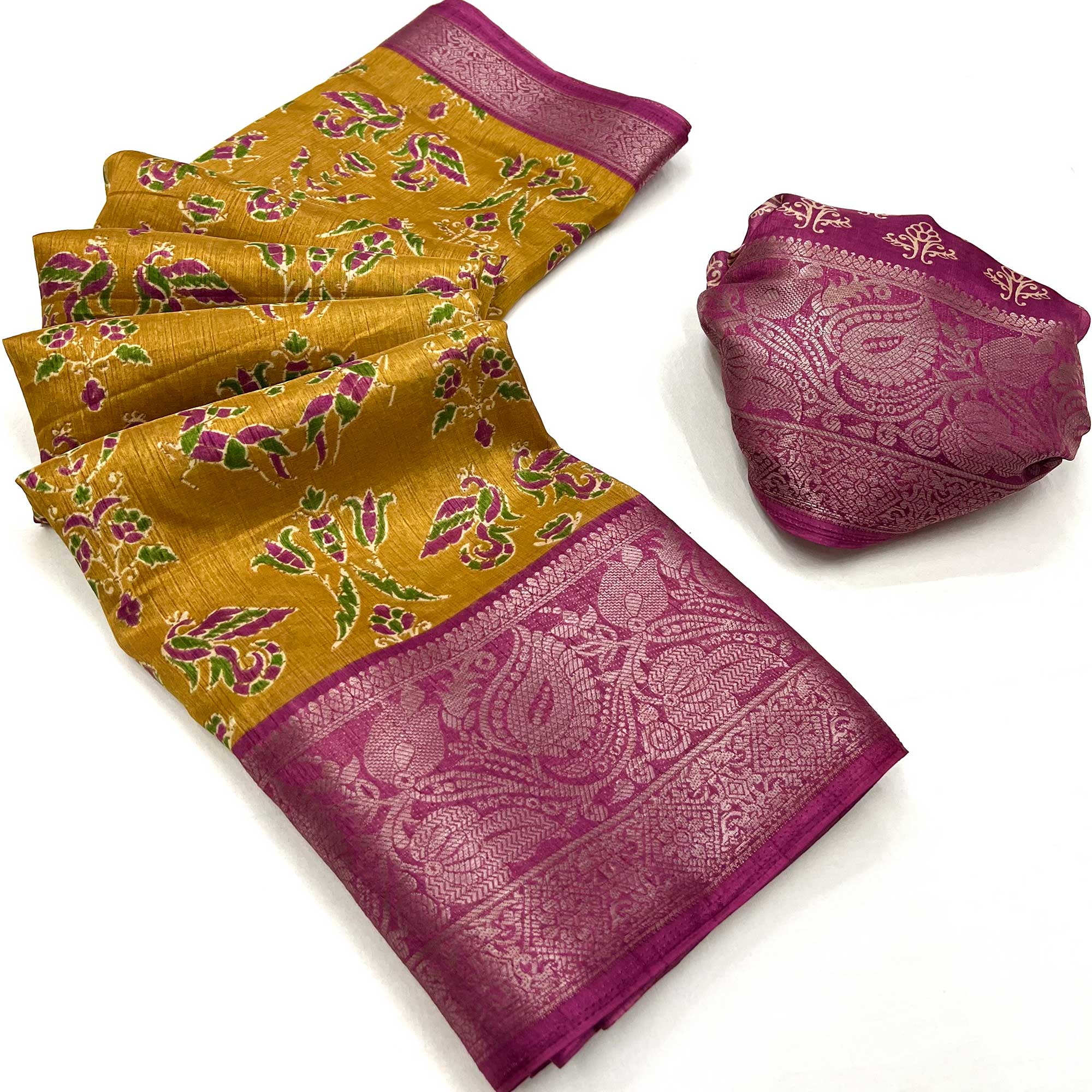 Mustard Blue Printed With Woven Border Dola Silk Saree