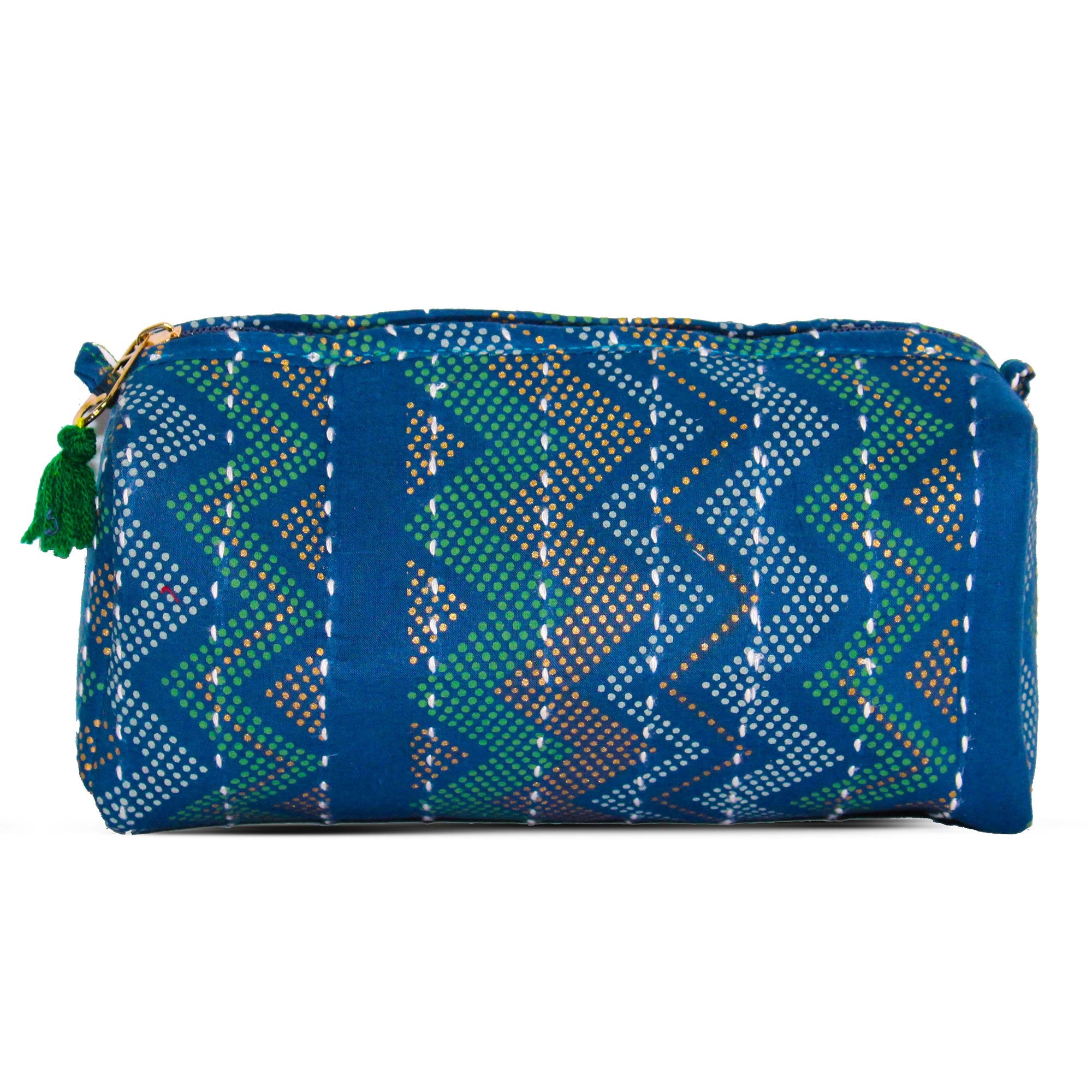 TMN - Women Blue Printed With Embroidered Vegan Leather Cosmetic Pouch