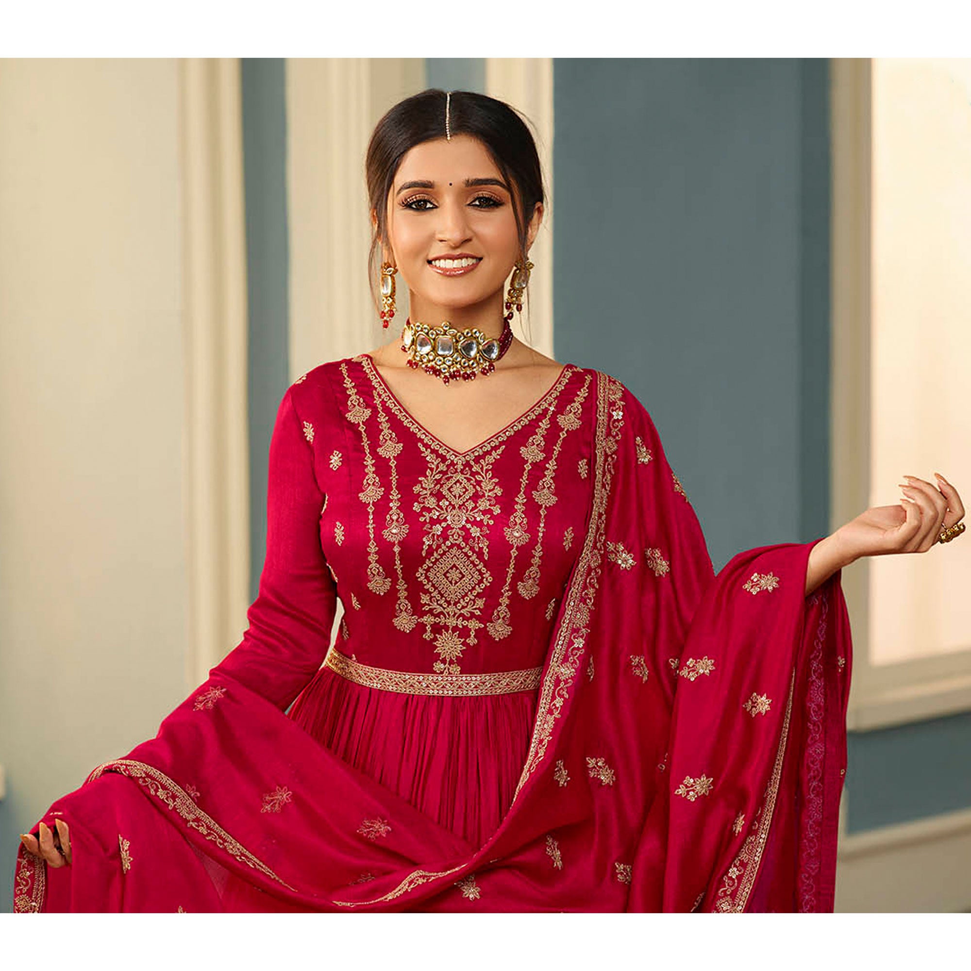 Magenta Pink Embroidered Georgette Gown