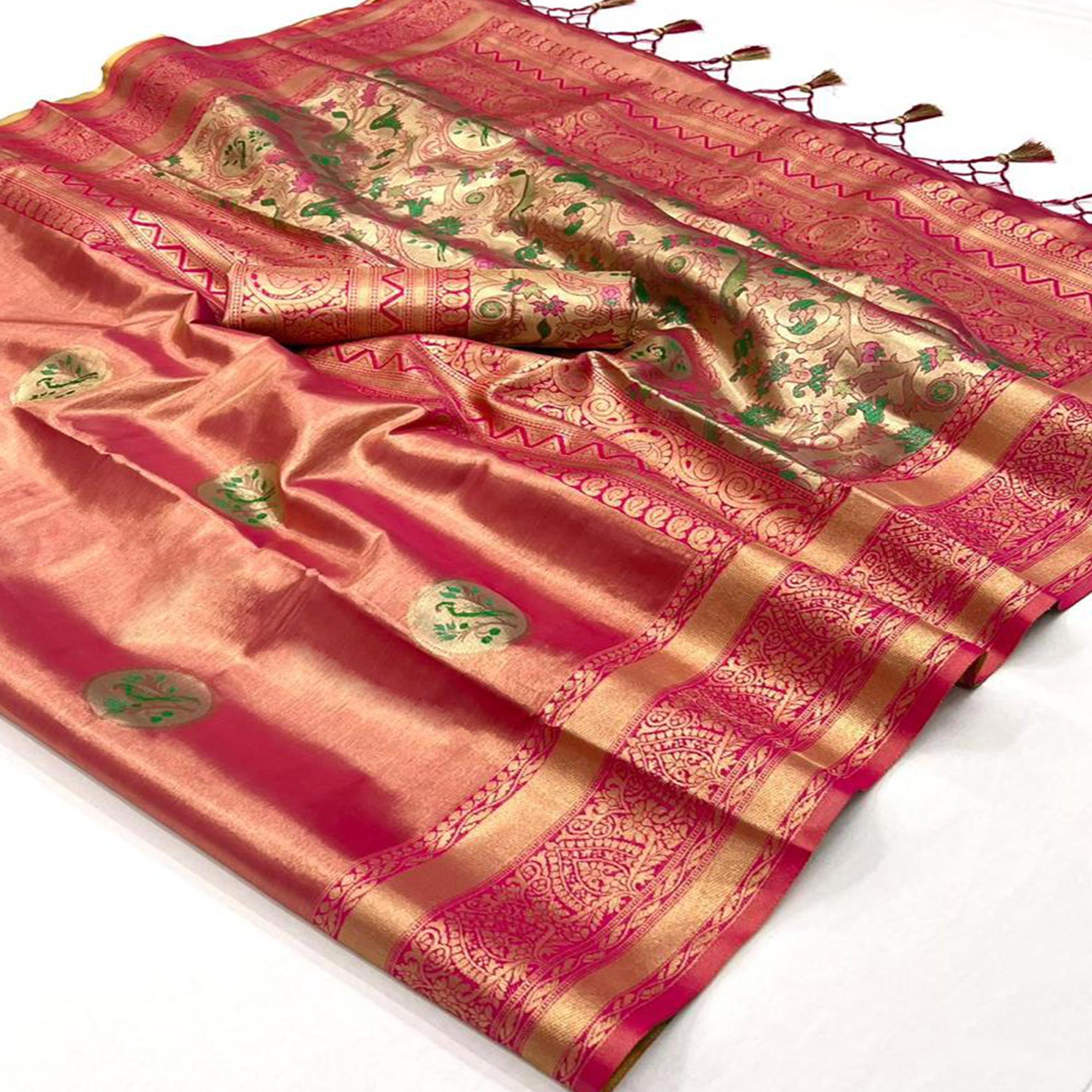 Pink Woven Art Silk Saree With Tassels