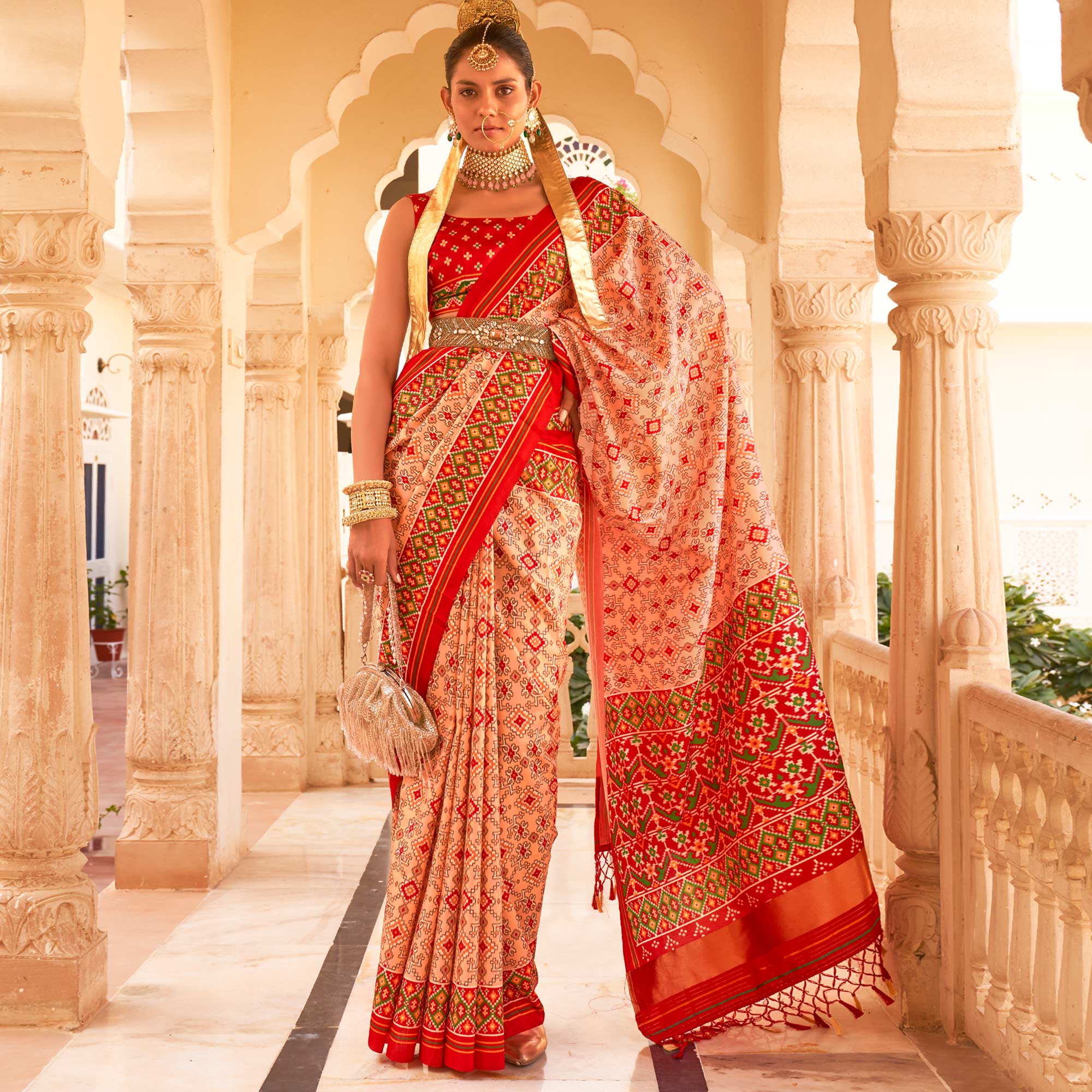 Light Peach & Red Printed Tussar Silk Saree With Tassels