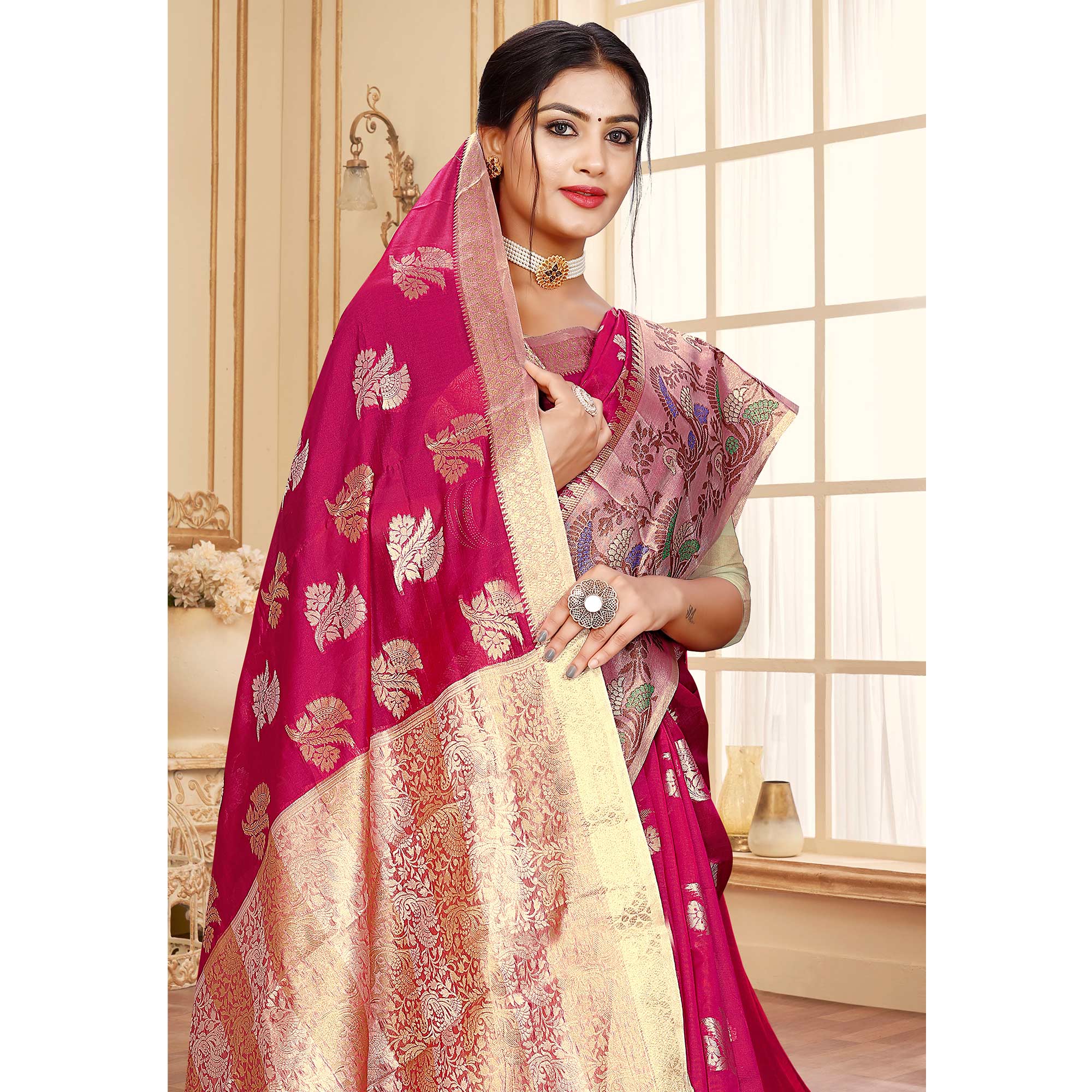 Rani Pink Floral Woven Organza Saree With Tassels