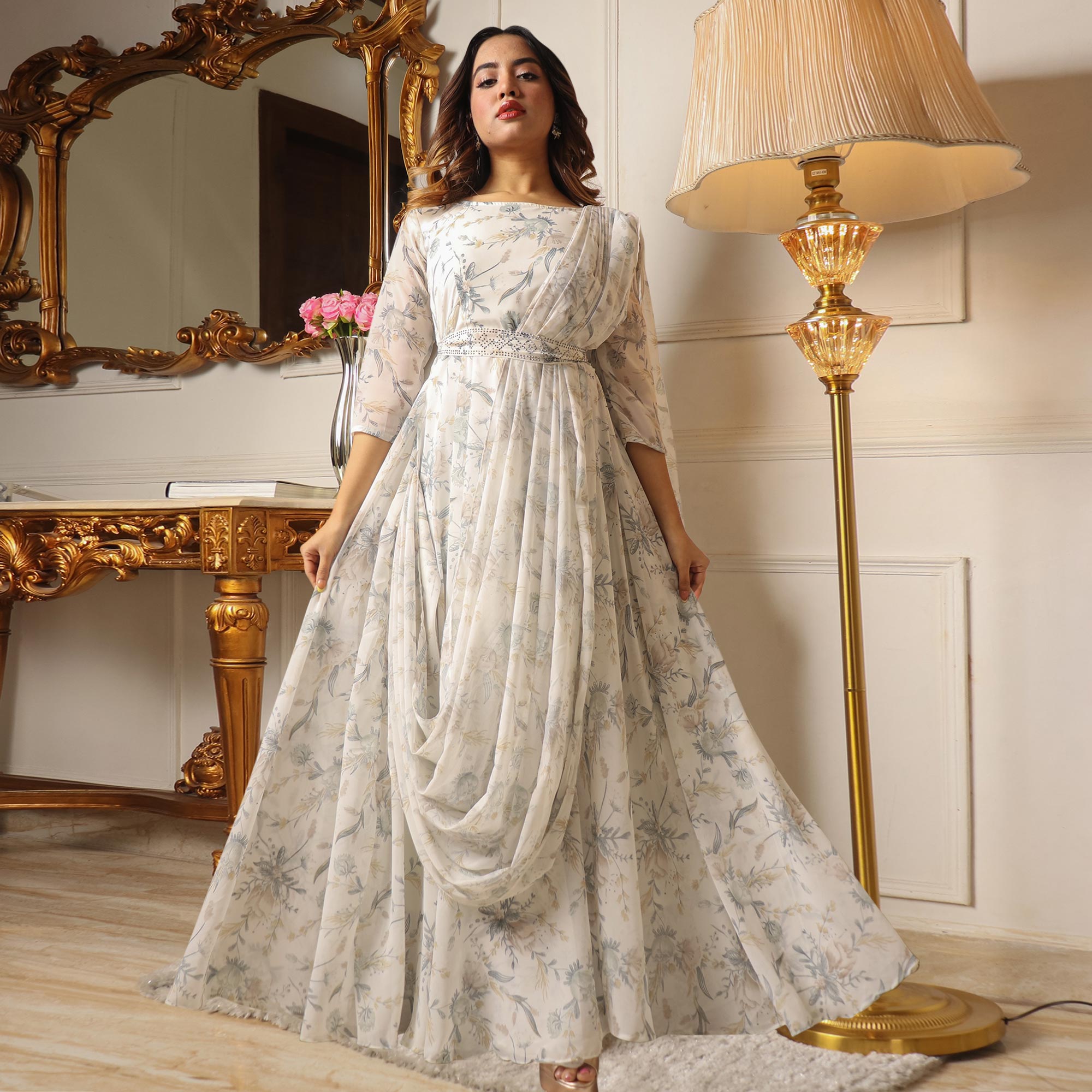 Off White Floral Printed With Stone Work Georgette Gown