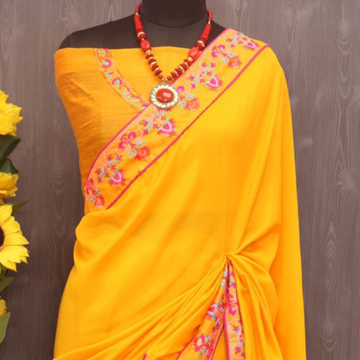 Yellow Floral Embroidered Vichitra Silk Saree