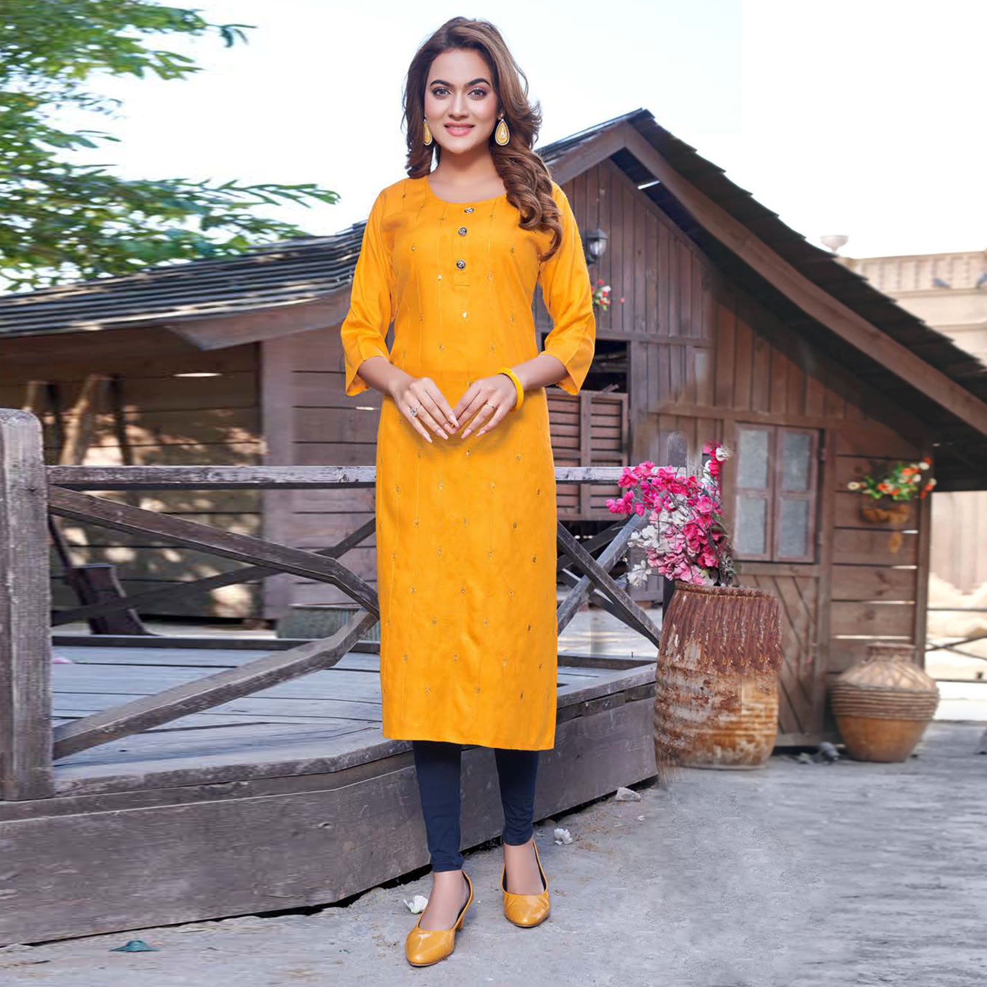 Yellow Sequins Embroidered Rayon Kurti