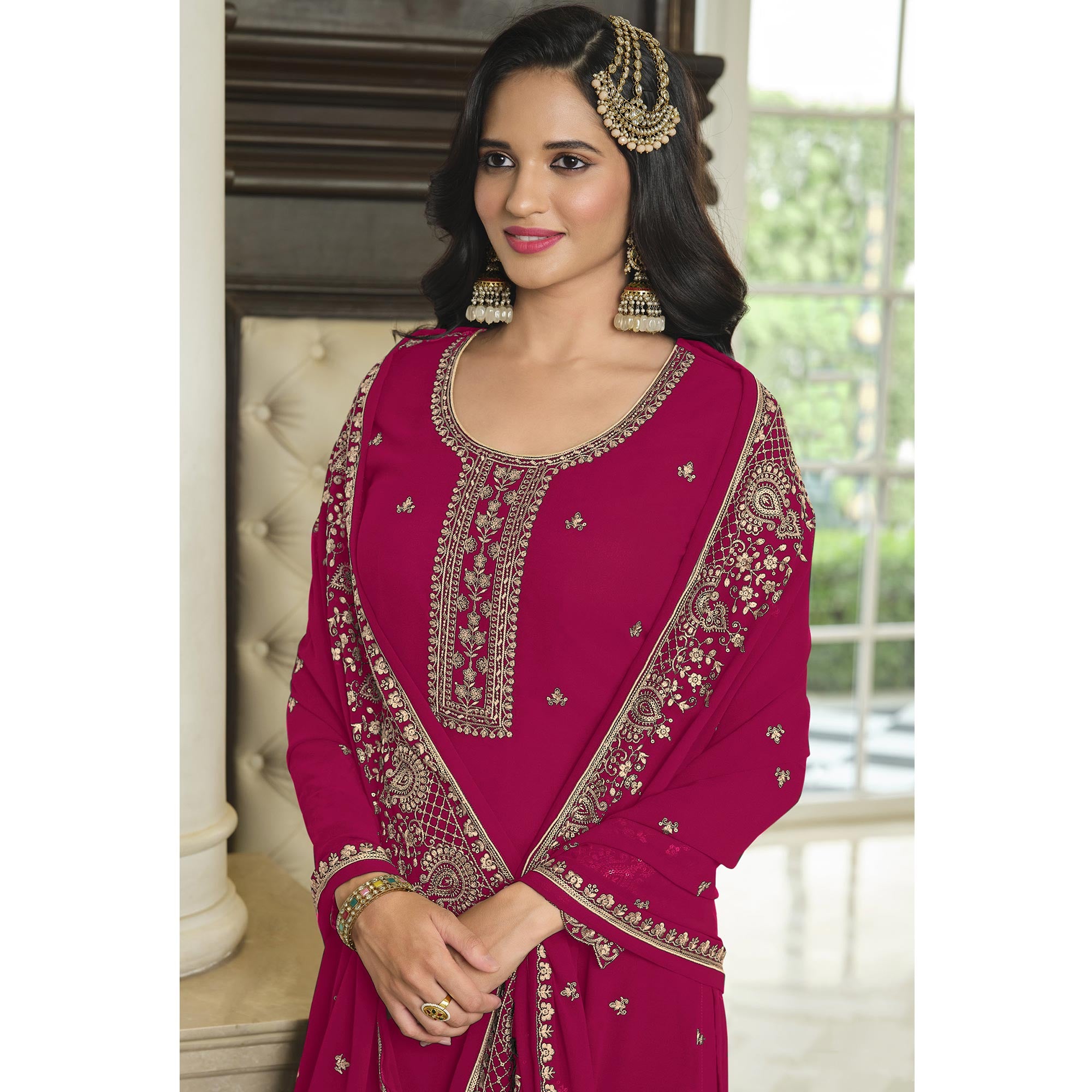 Pink Floral Embroidered Georgette Sharara Suit