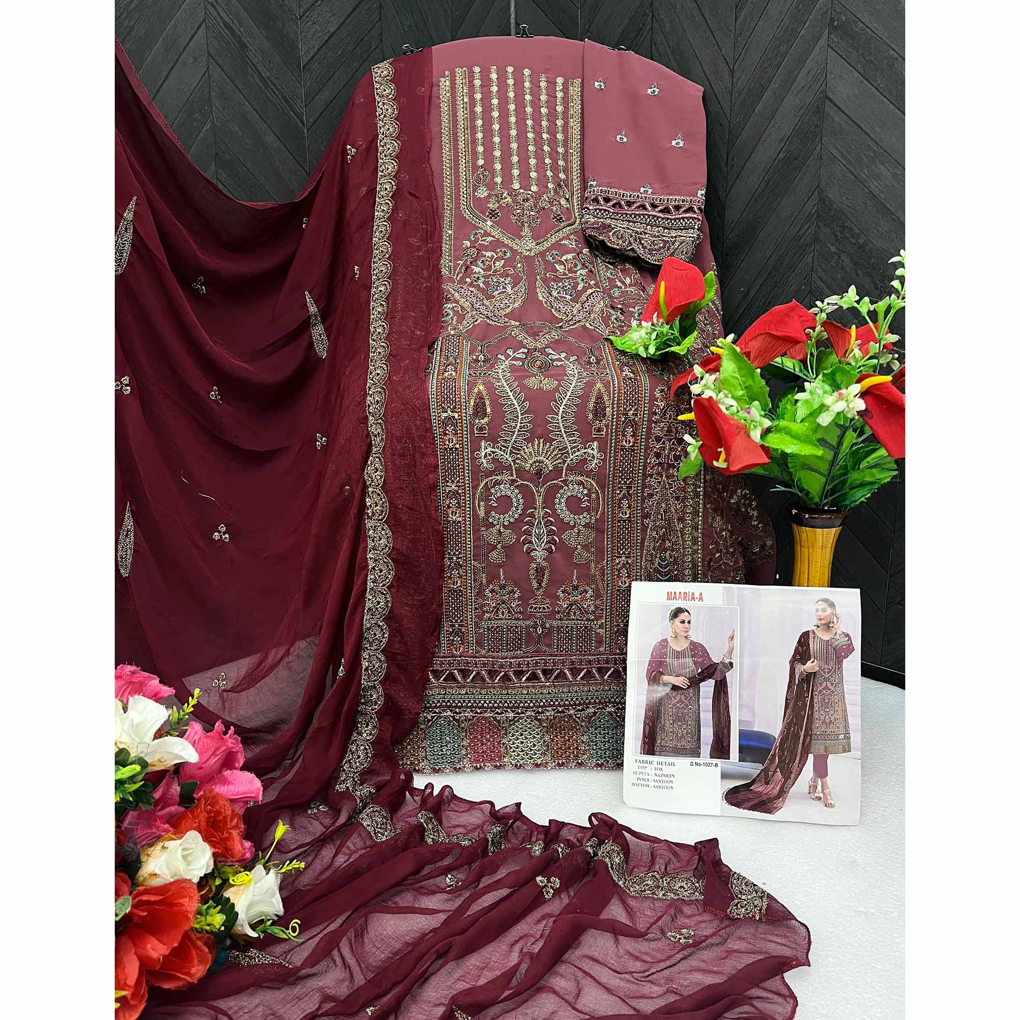 Mauve Embroidered Georgette Semi Stitched Pakistani Suit