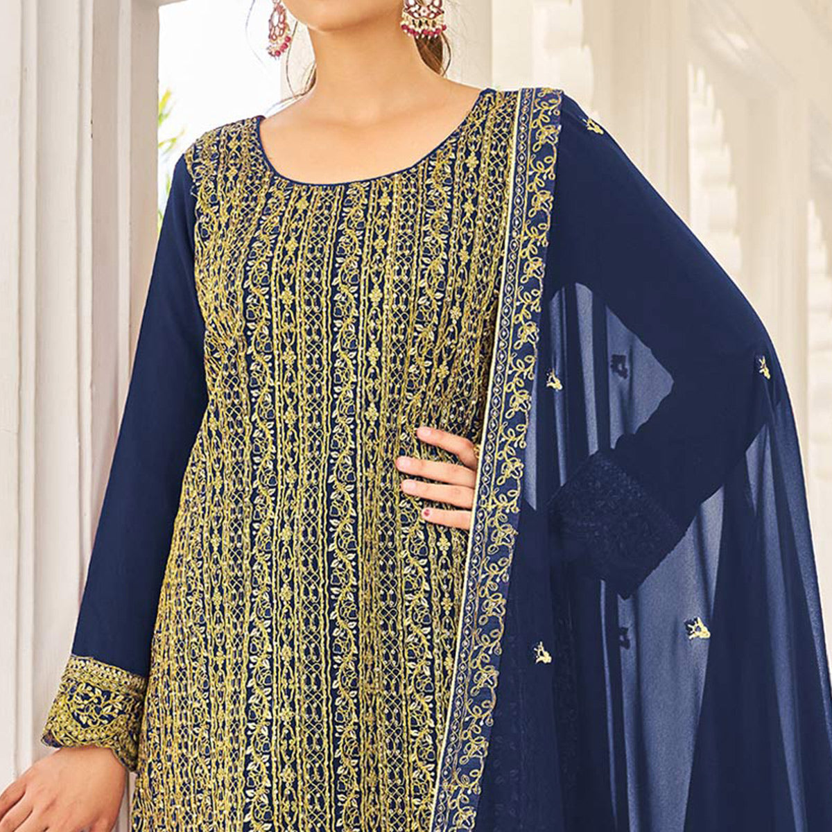 Navy Blue Sequins Embroidered Georgette Suit