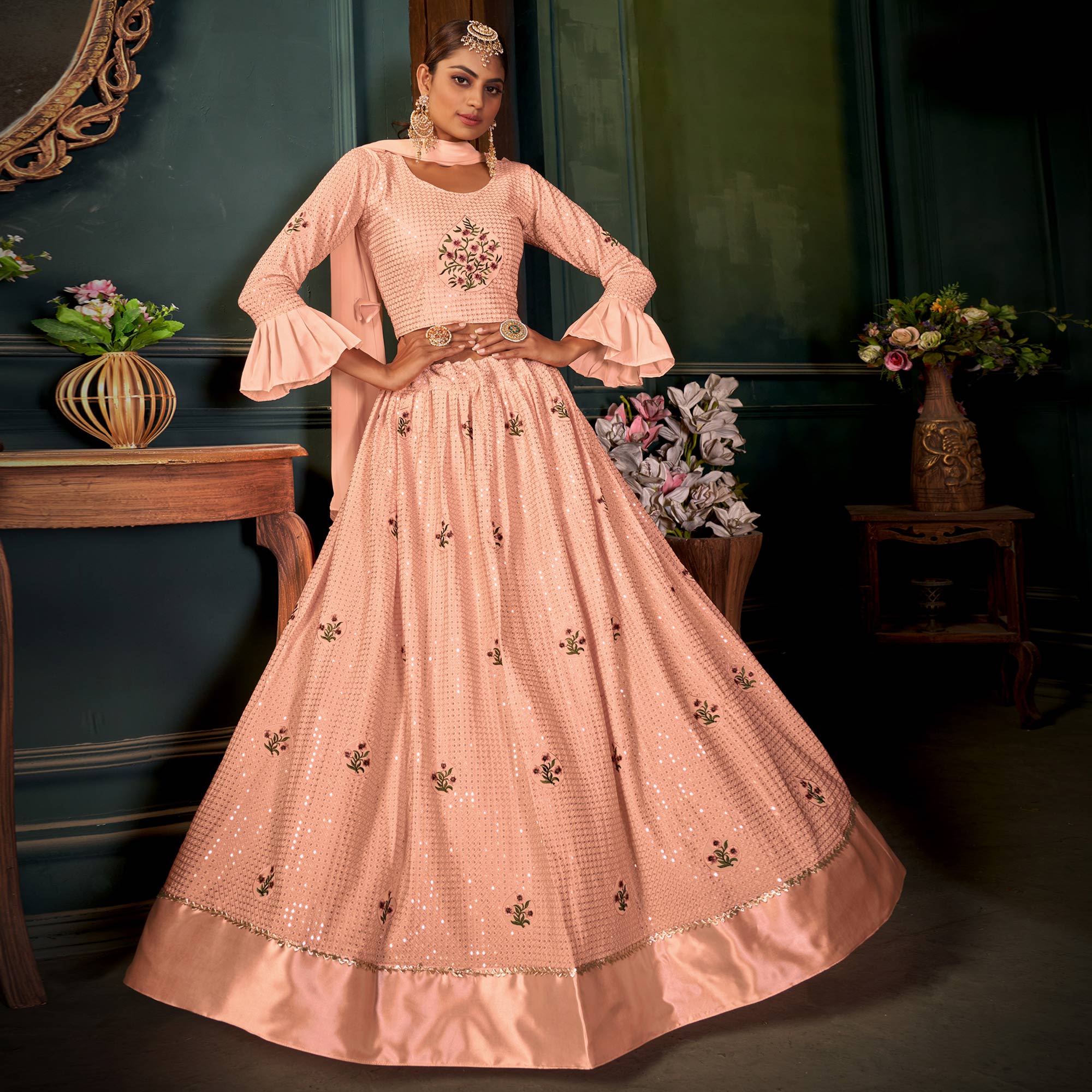 Peach Sequins Embroidered Georgette Lehenga Choli