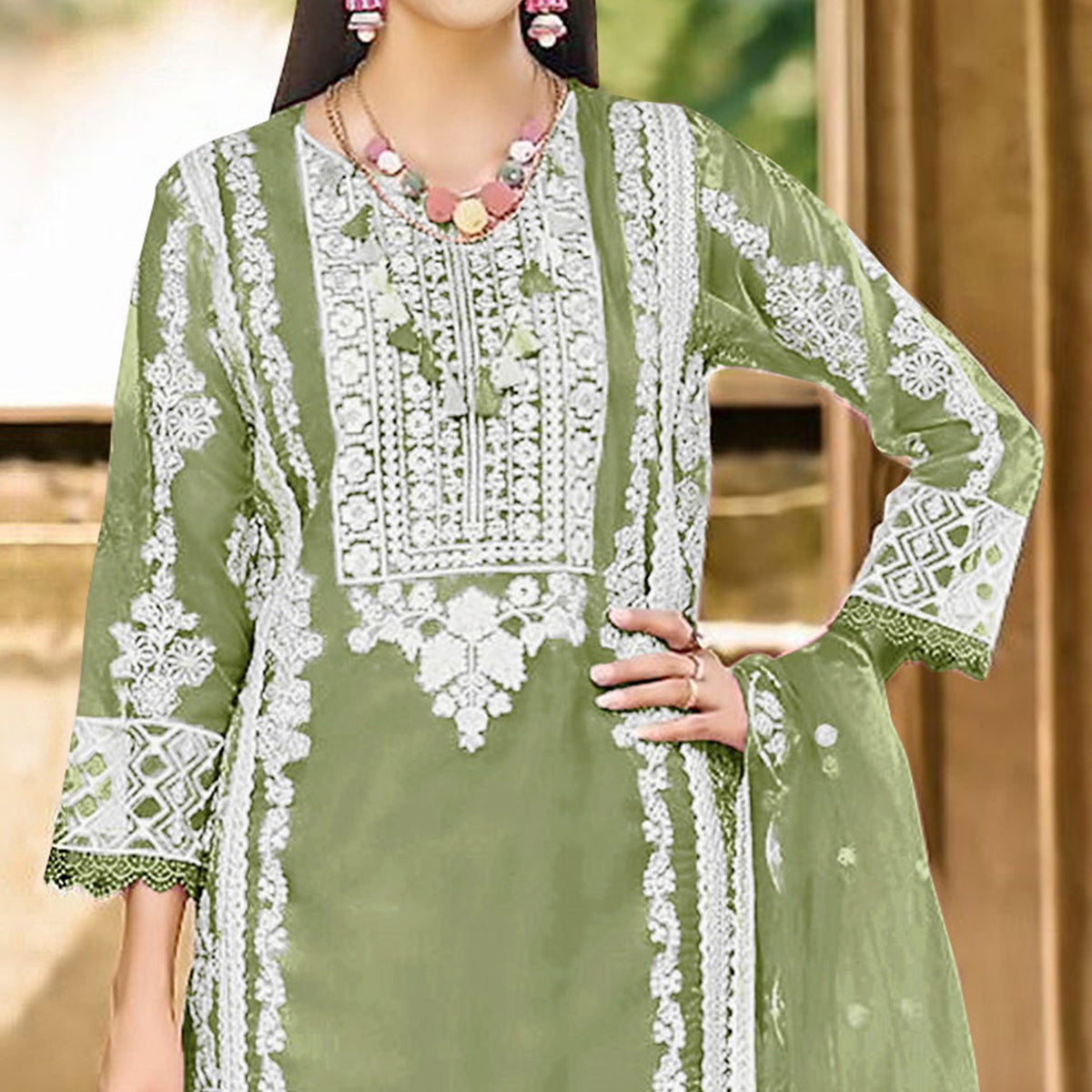 Green Floral Embroidered Organza Pakistani Suit