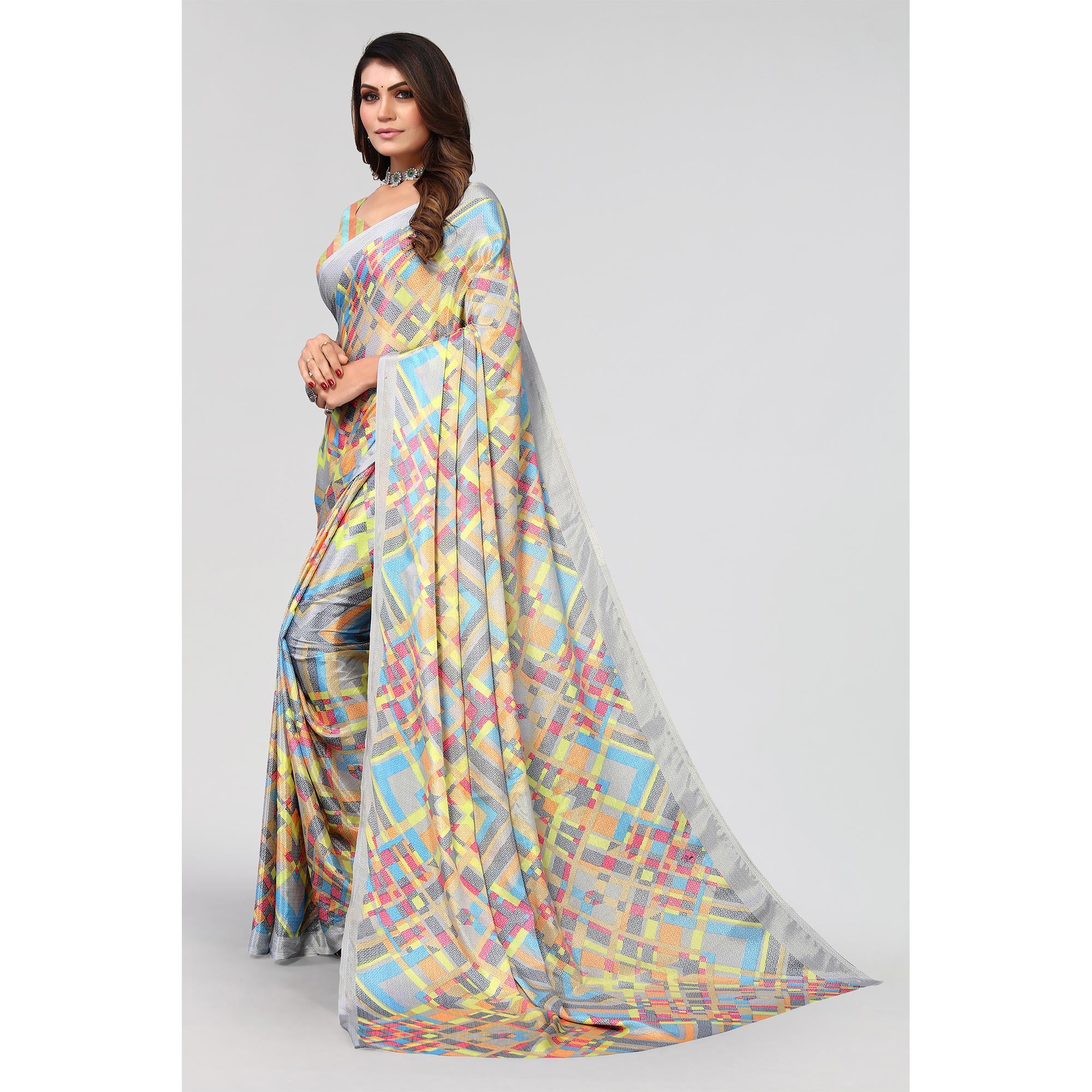 Grey Geometric Printed Chiffon Saree