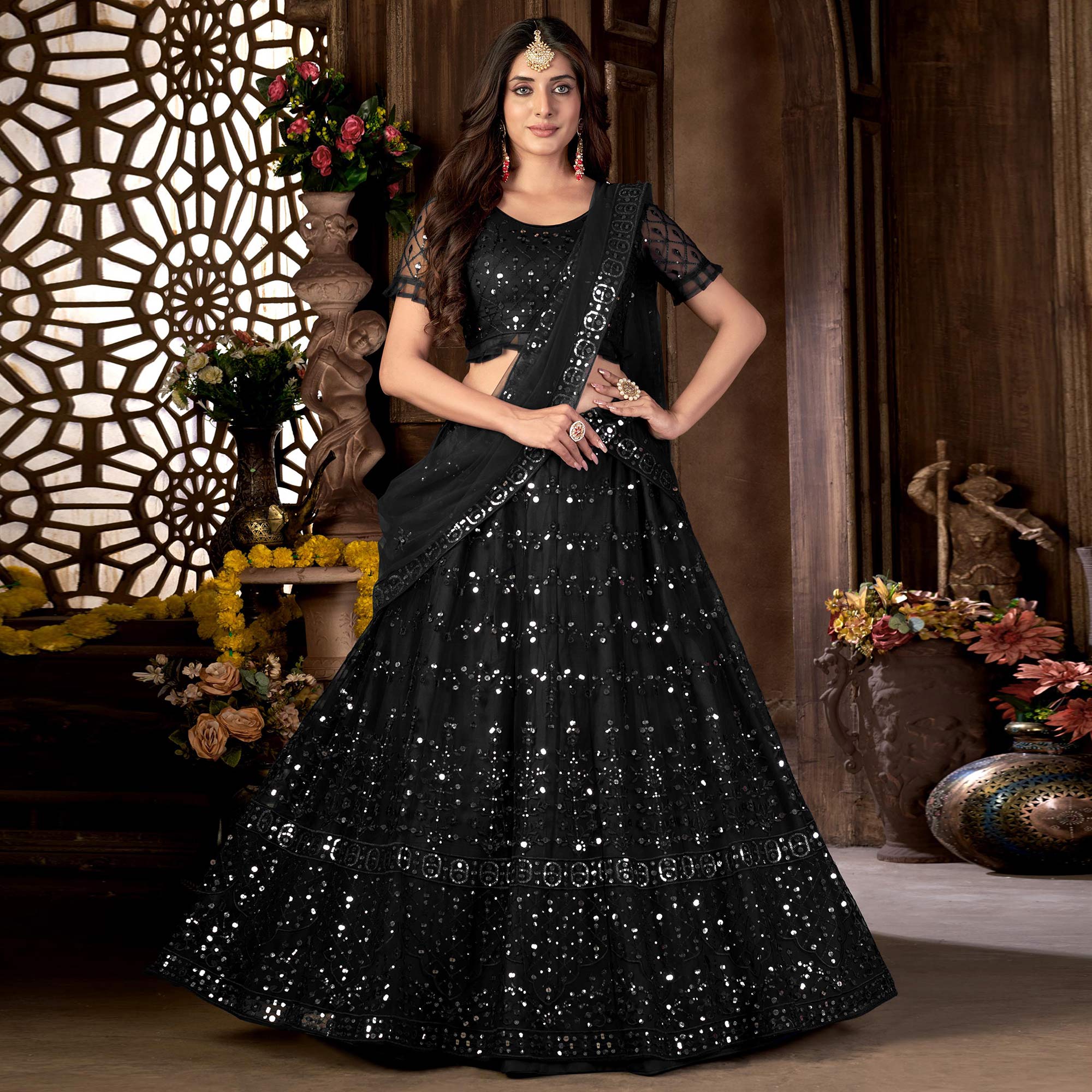 Black Sequins Embroidered Net Lehenga Choli