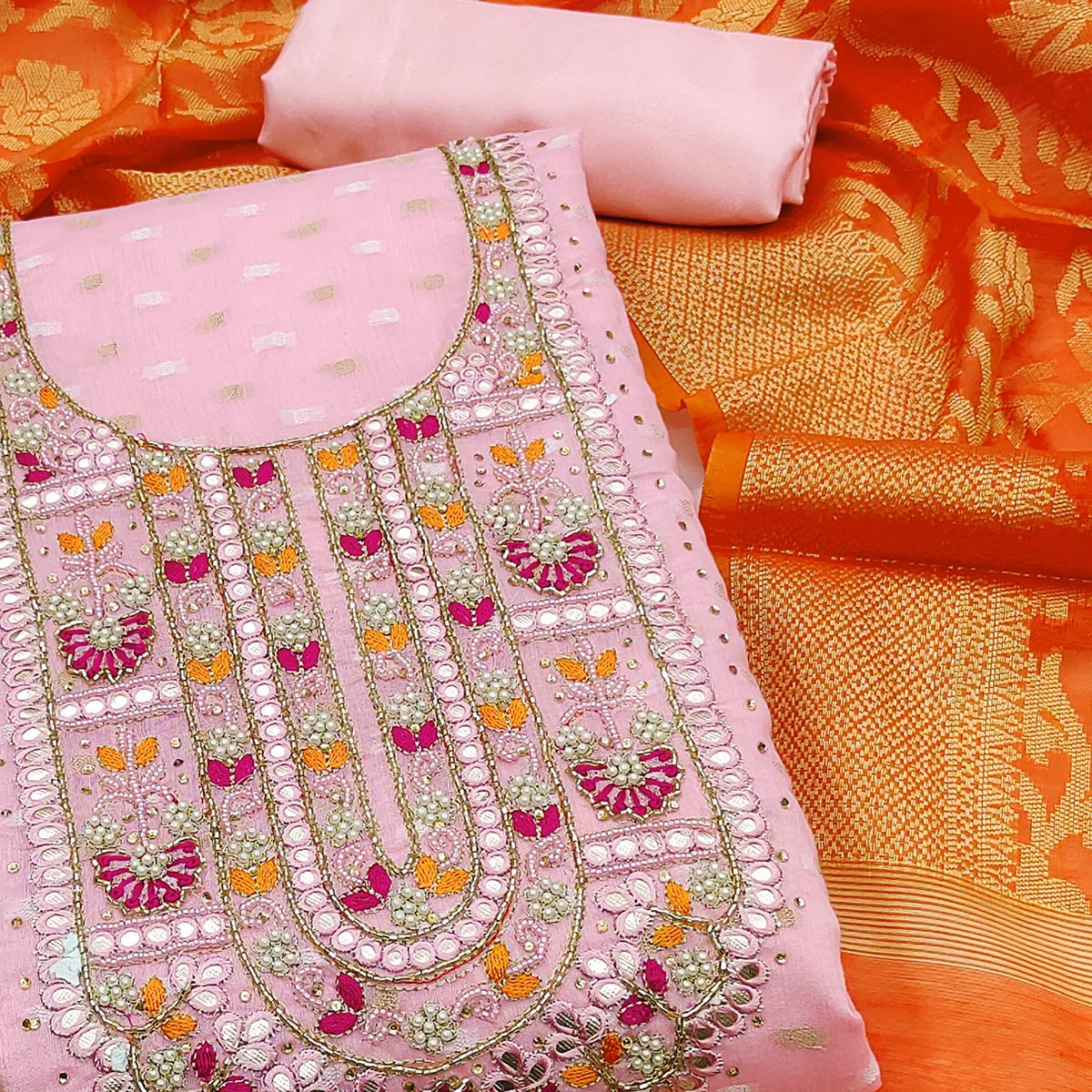 Pink Woven With Handwork Banarasi Silk Dress Material