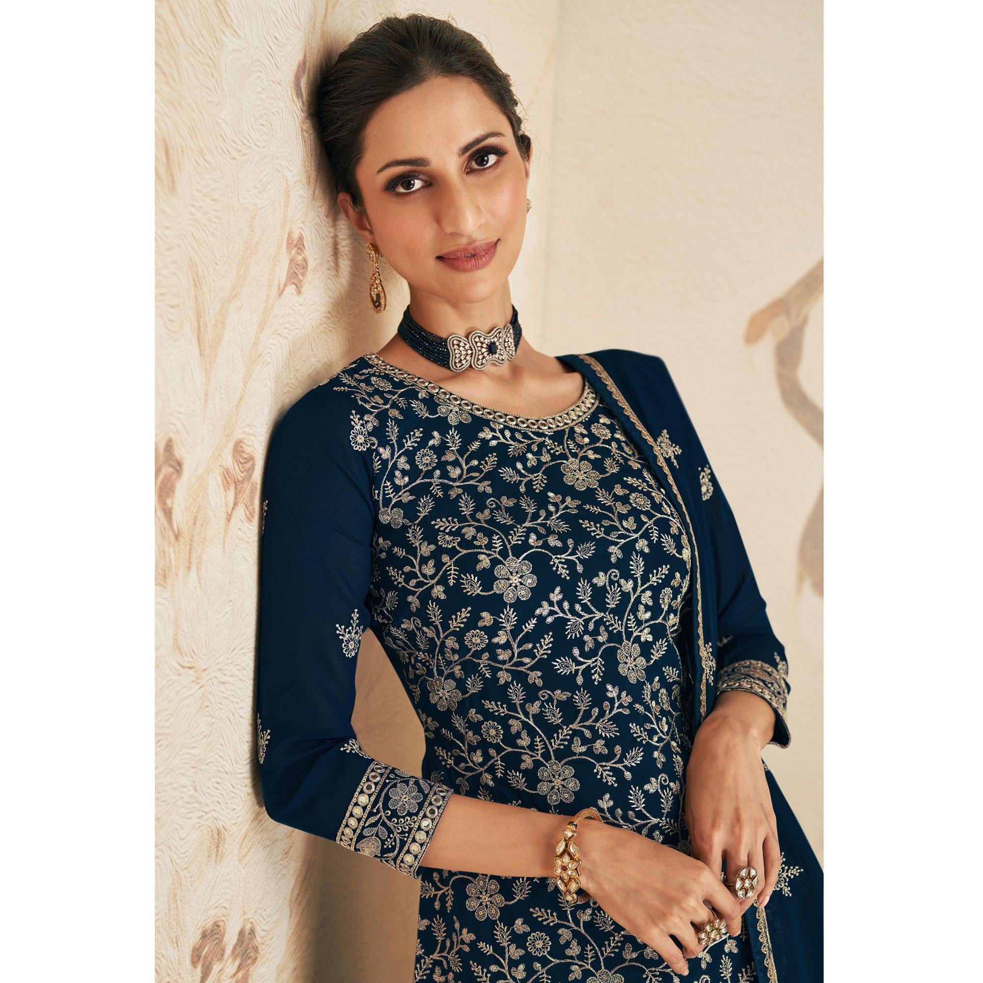 Blue Sequins Embroidered Georgette Semi Stitched Sharara Suit