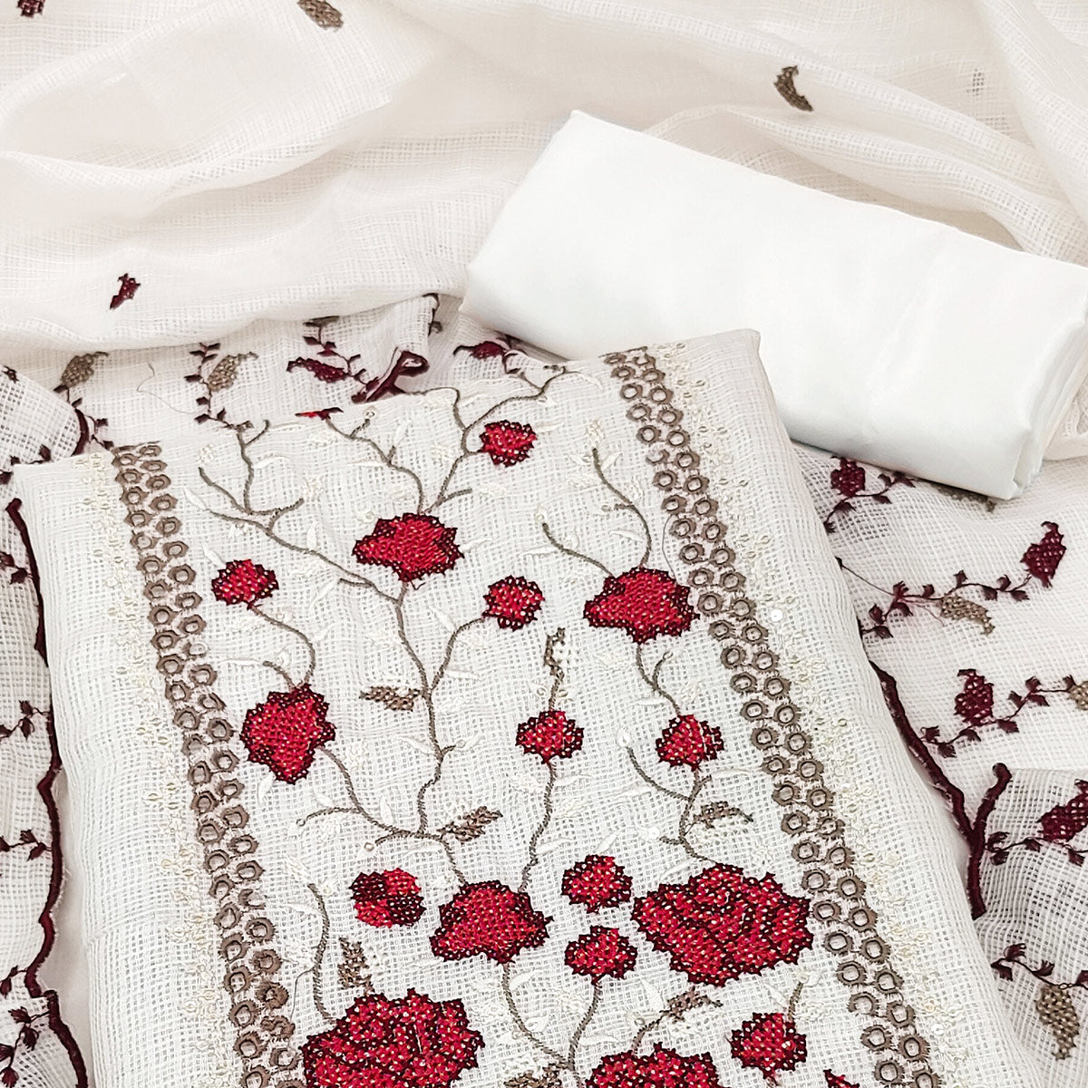 White & Red Floral Embroidered Kota Doria Dress Material