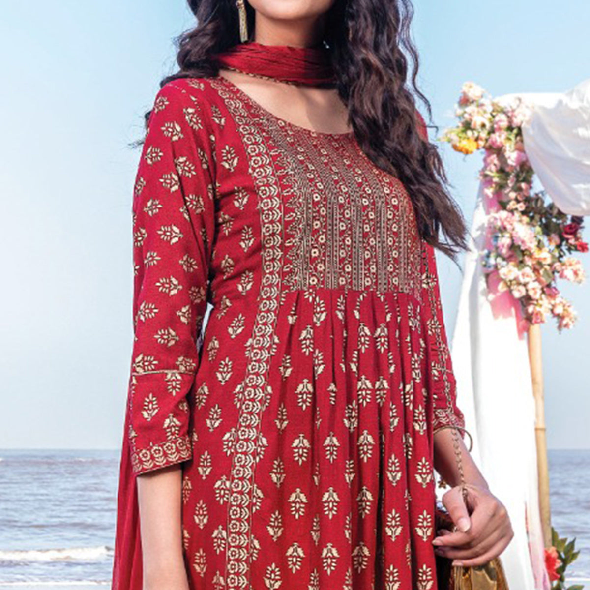 Red Foil Printed Rayon Naira Cut Suit