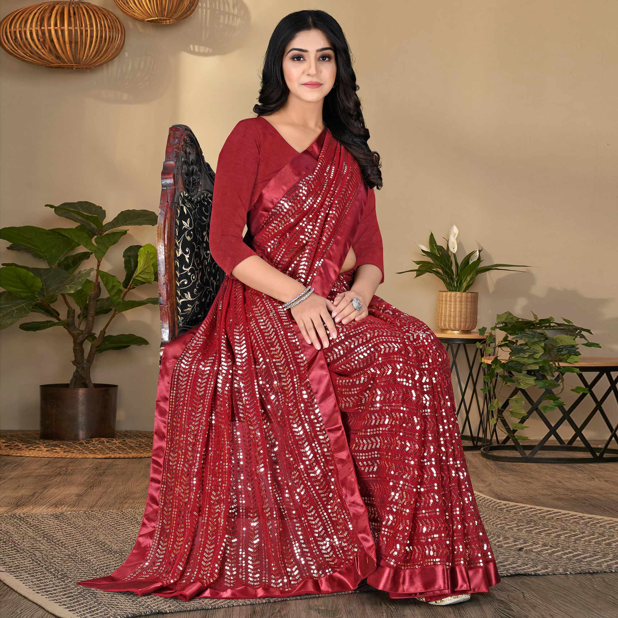 Red Sequins Embroidered Georgette Saree