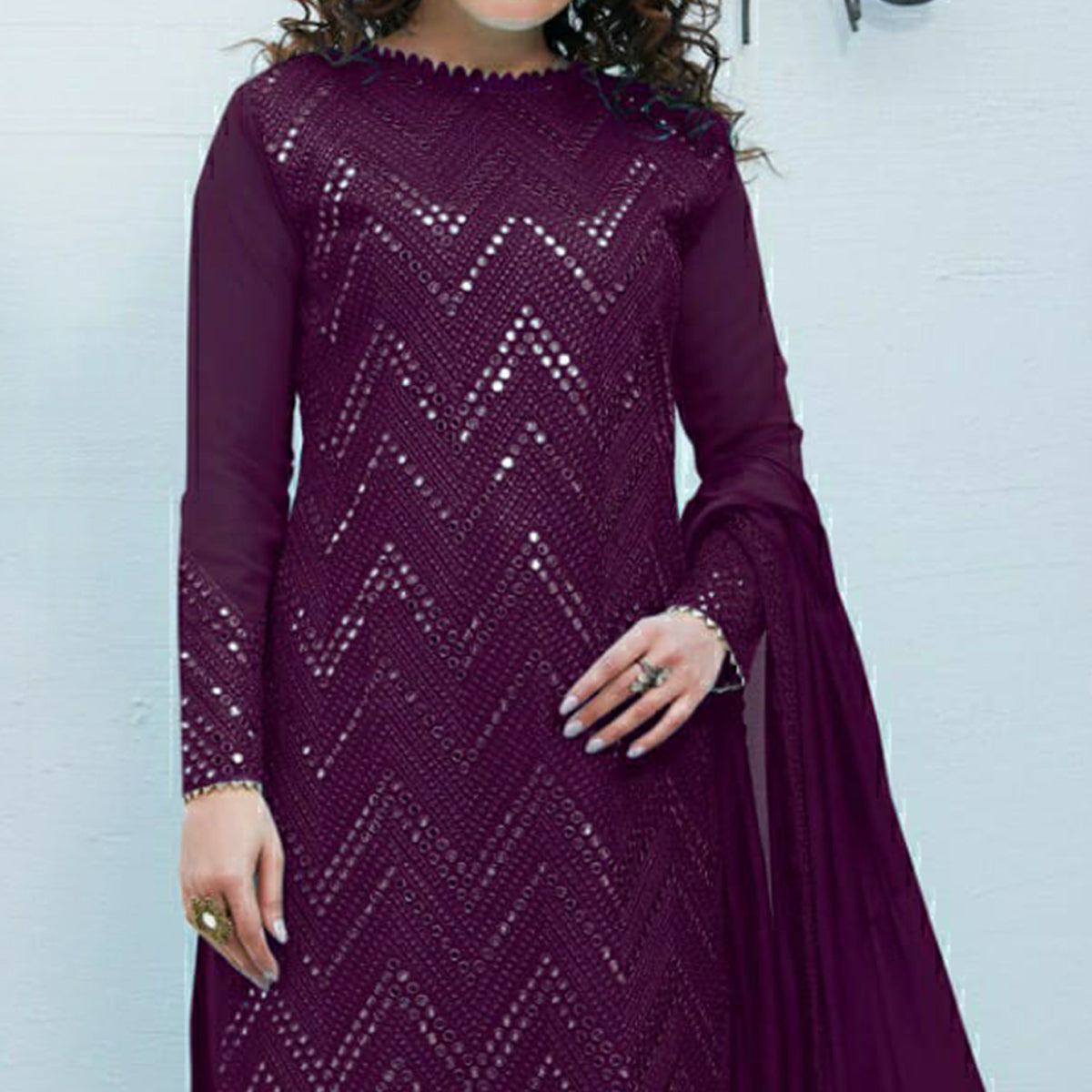 Purple Mirror Embroidered Georgette Suit