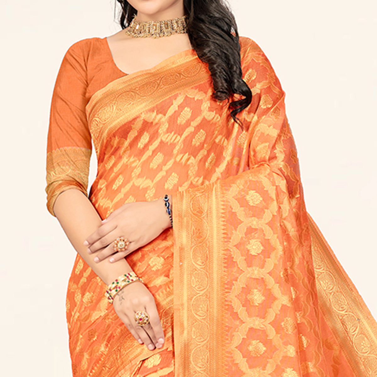 Peach Woven Cotton Saree With Tassels