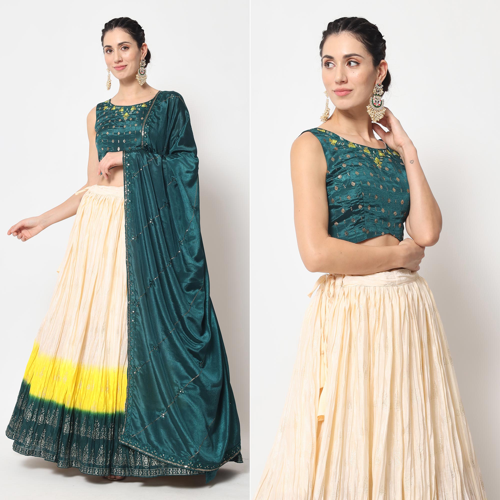 Cream Foil Printed Chiffon Lehenga Choli