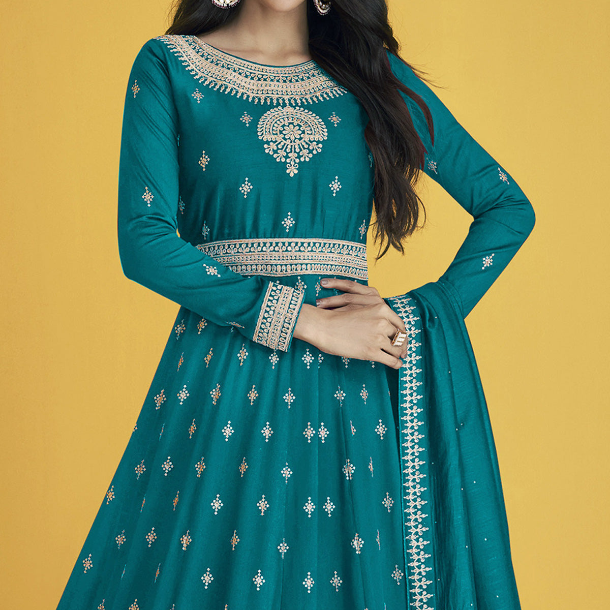 Teal Blue Sequins Embroidered Georgette Semi Stitched Anarkali Suit