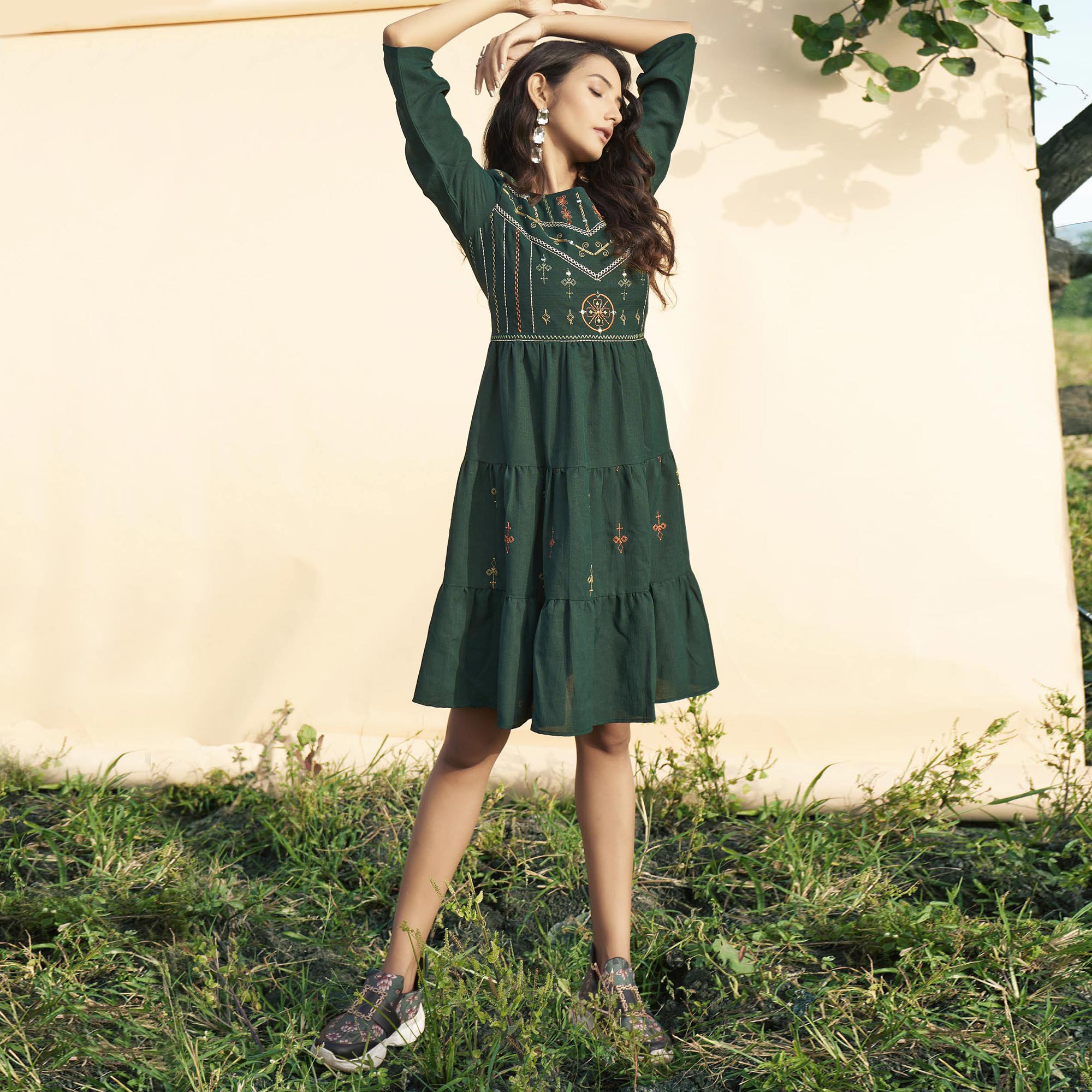 Bottle Green Embroidered Rayon Short Dress