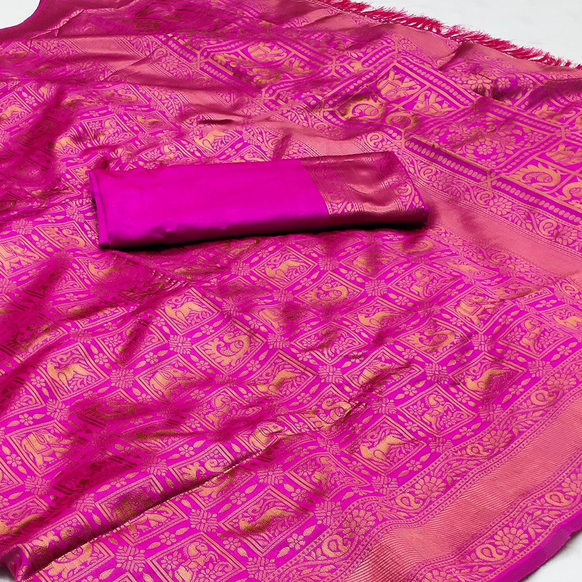 Magenta Pink Woven Jacquard Saree With Tassels