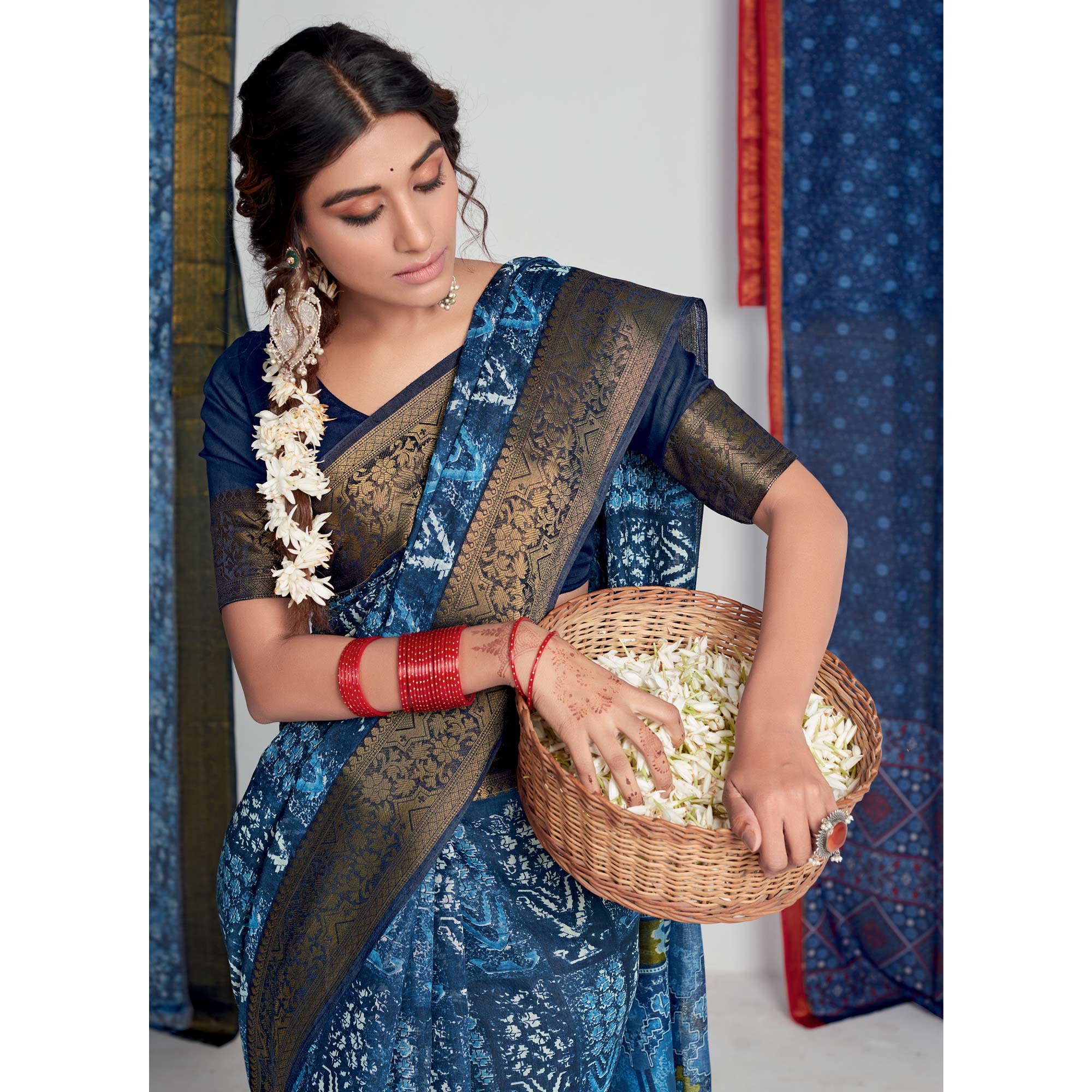 Blue Printed With Woven Border Cotton Blend Saree