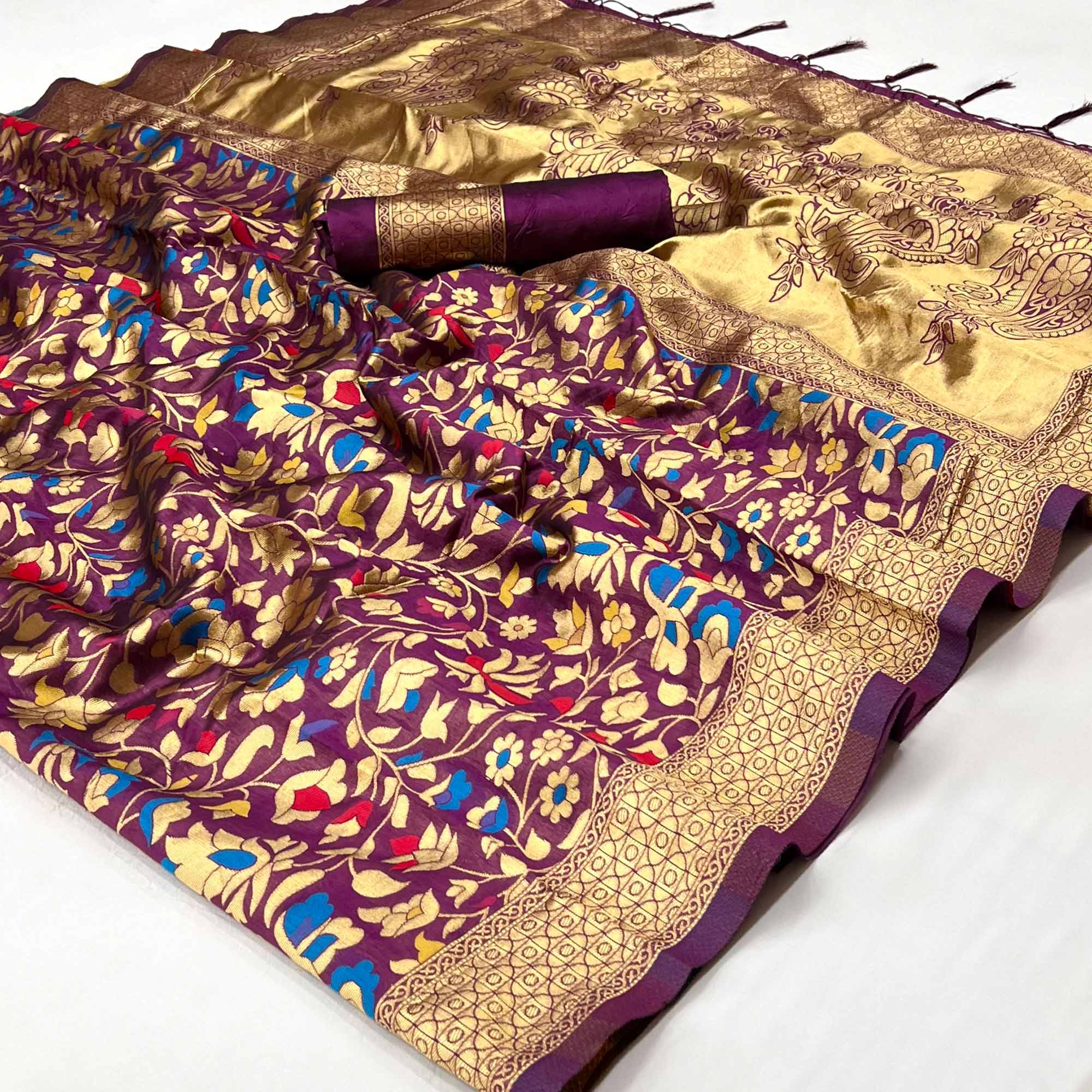 Purple Floral Woven Art Silk Saree