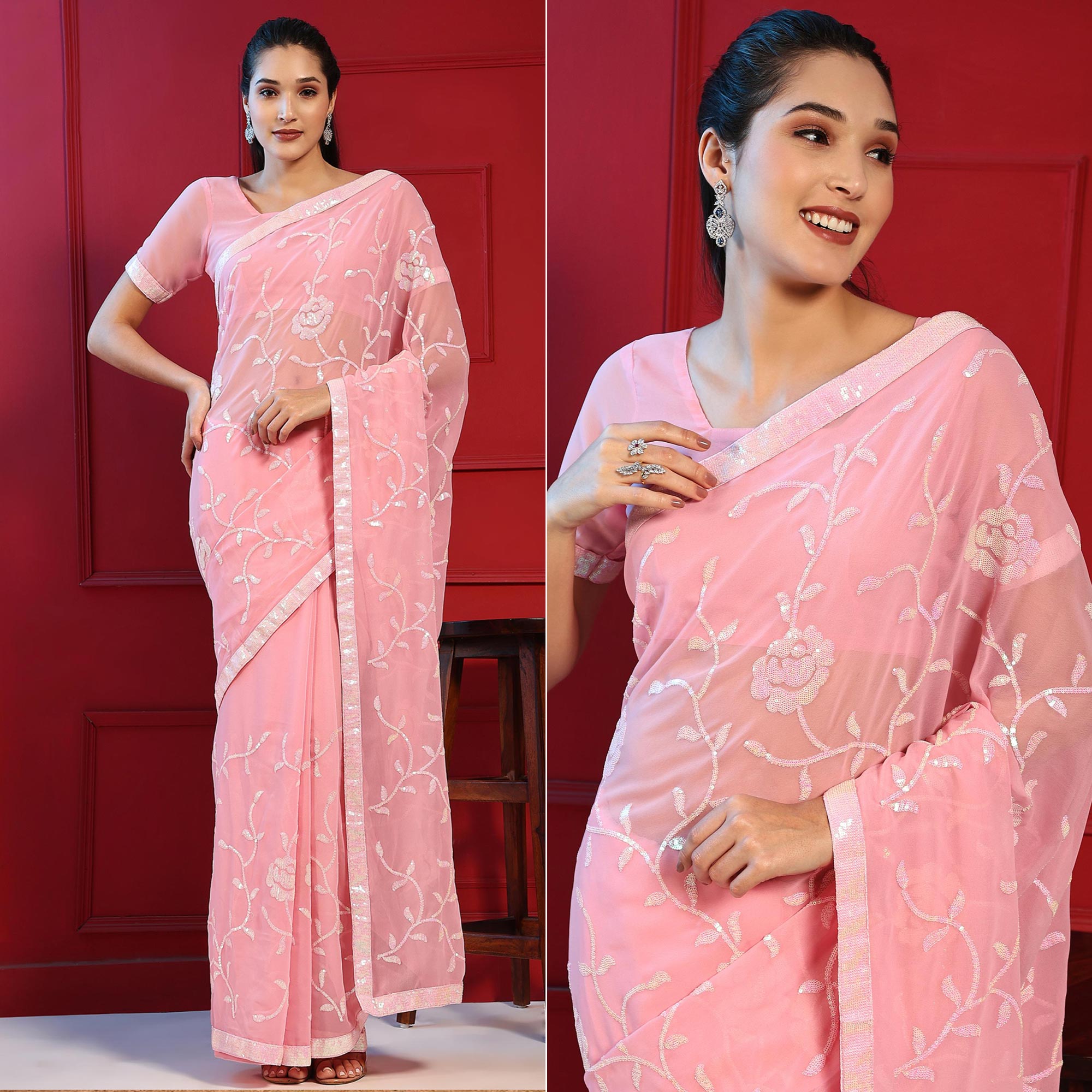 Pink Sequins Embroidered Georgette Saree