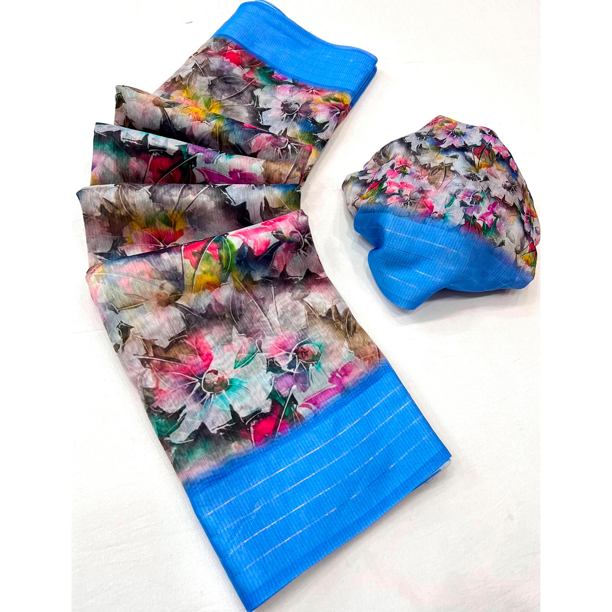 Multicolored Digital Printed Cotton Blend Saree