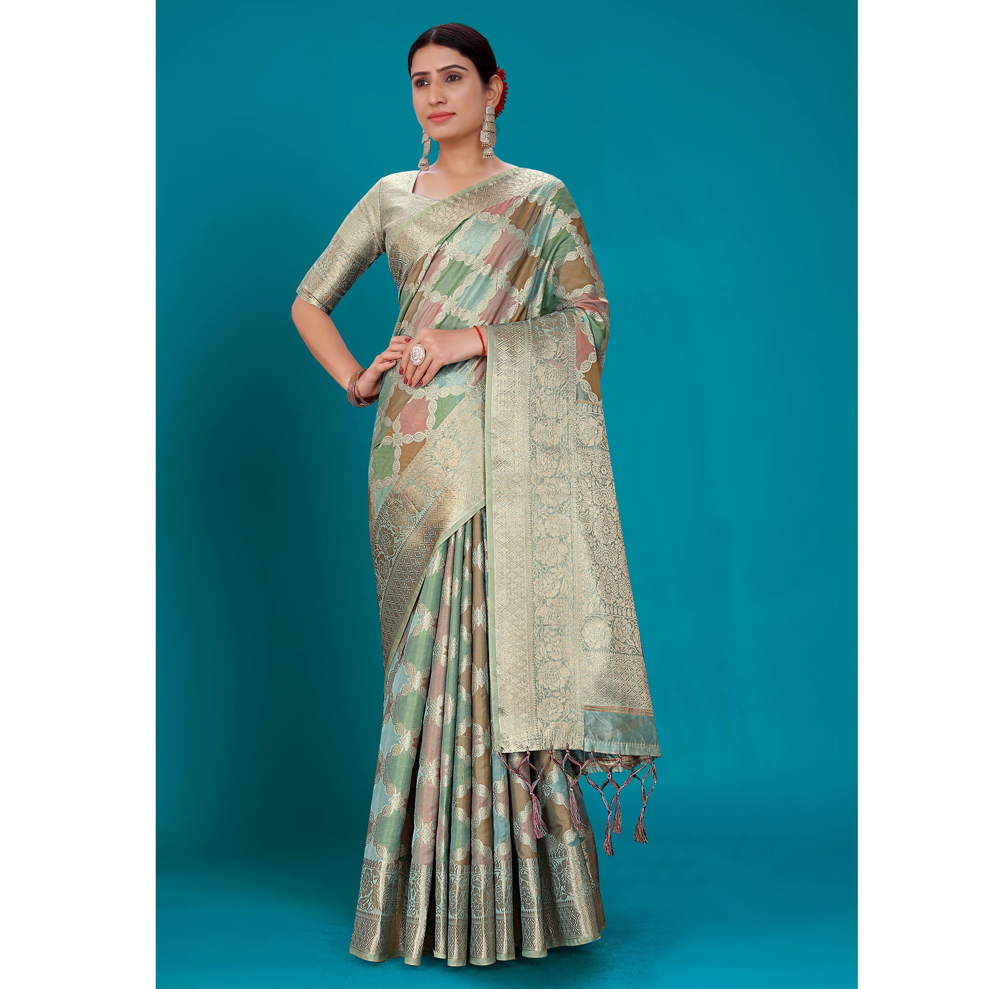 Blue Woven Organza Saree With Tassels