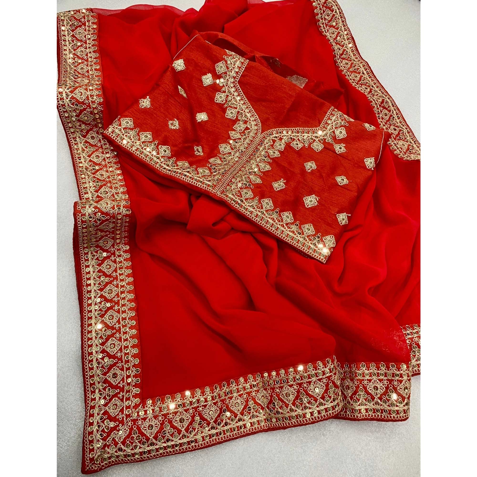 Red Sequins Embroidered Georgette Saree