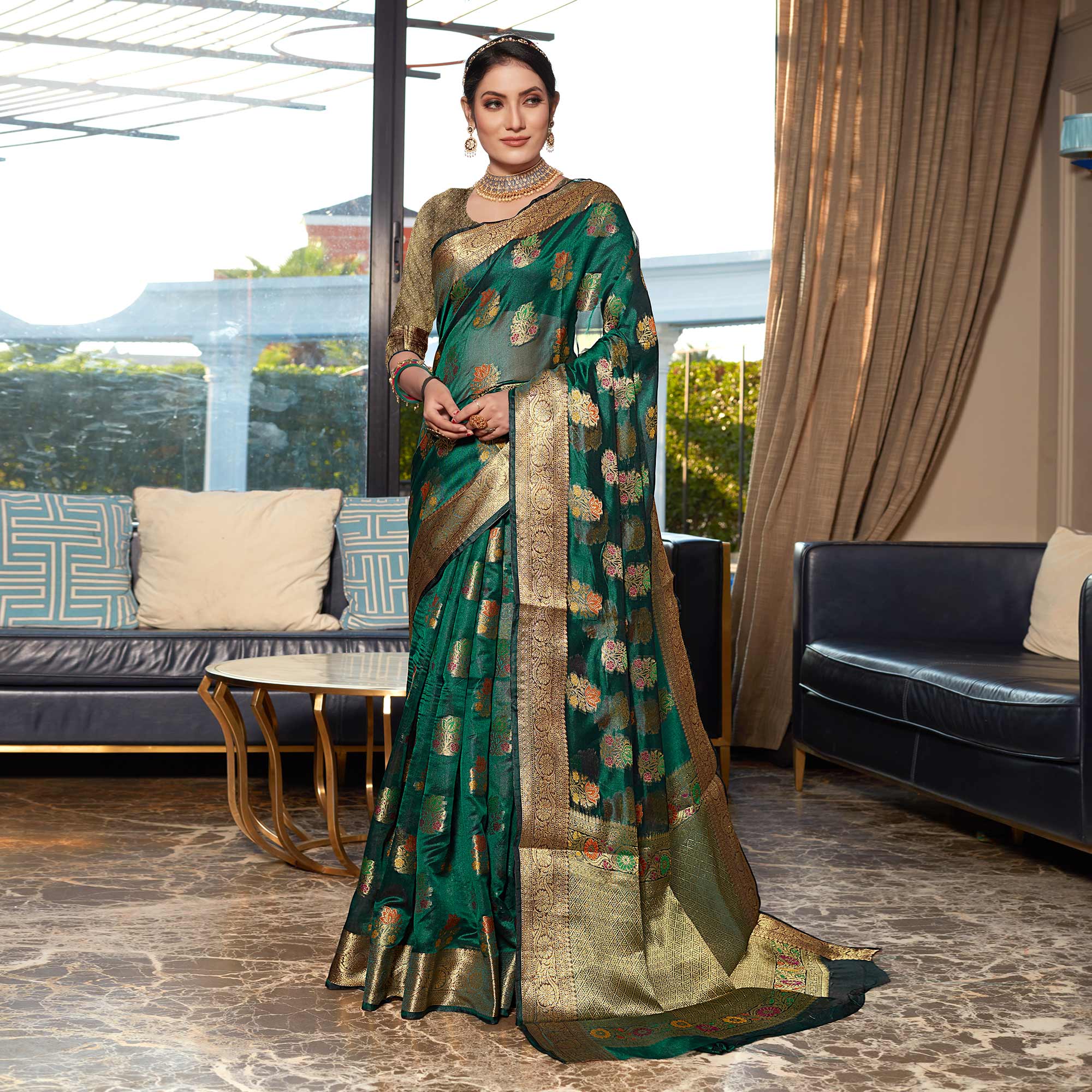 Green Floral Woven Organza Saree