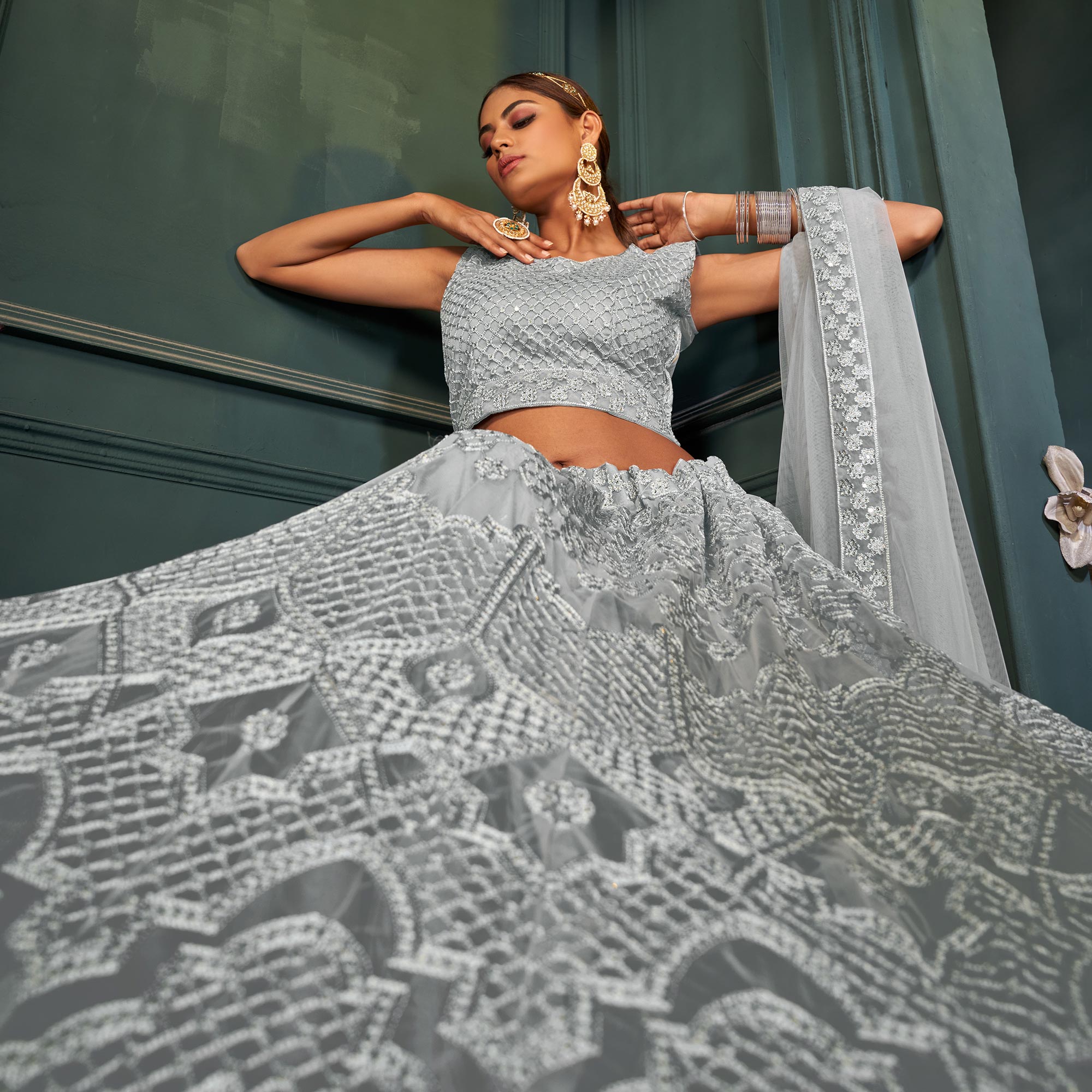 Grey Sequins Embroidered Netted Lehenga Choli