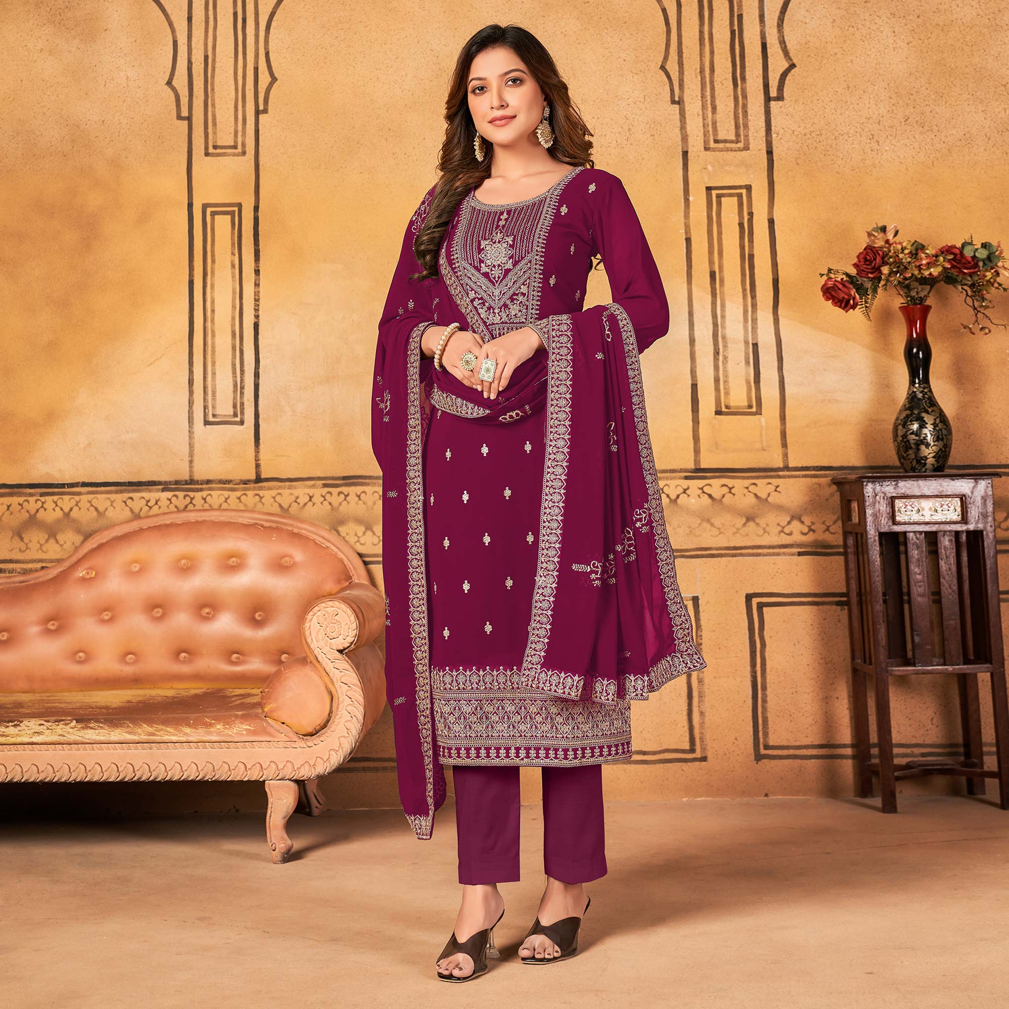 Magenta Pink Floral Embroidered Georgette Salwar Suit