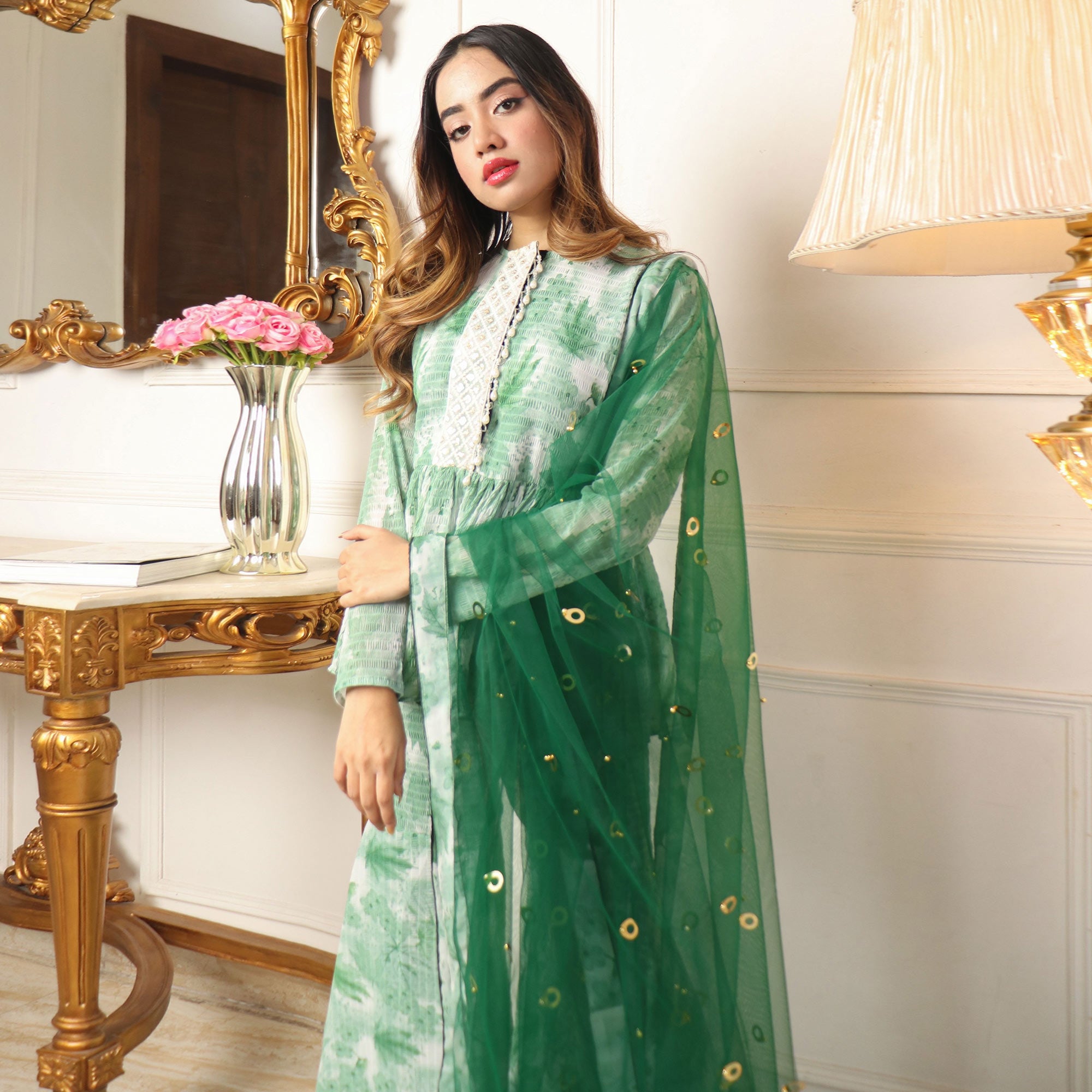 Green Floral Printed Georgette Sharara Suit