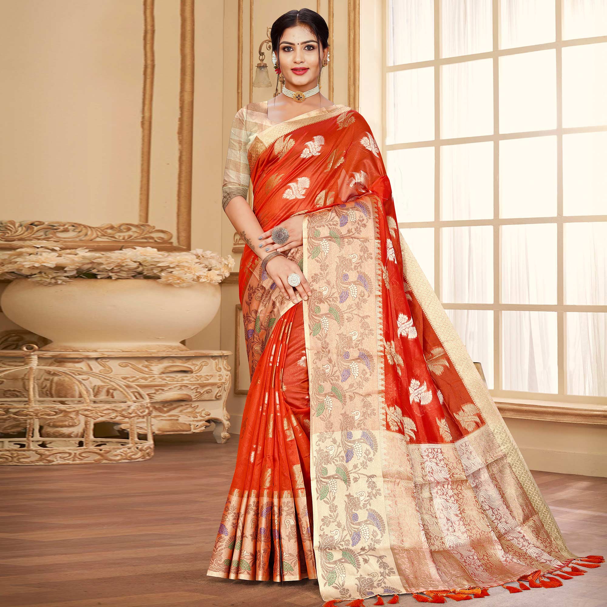 Orange Floral Woven Organza Saree With Tassels