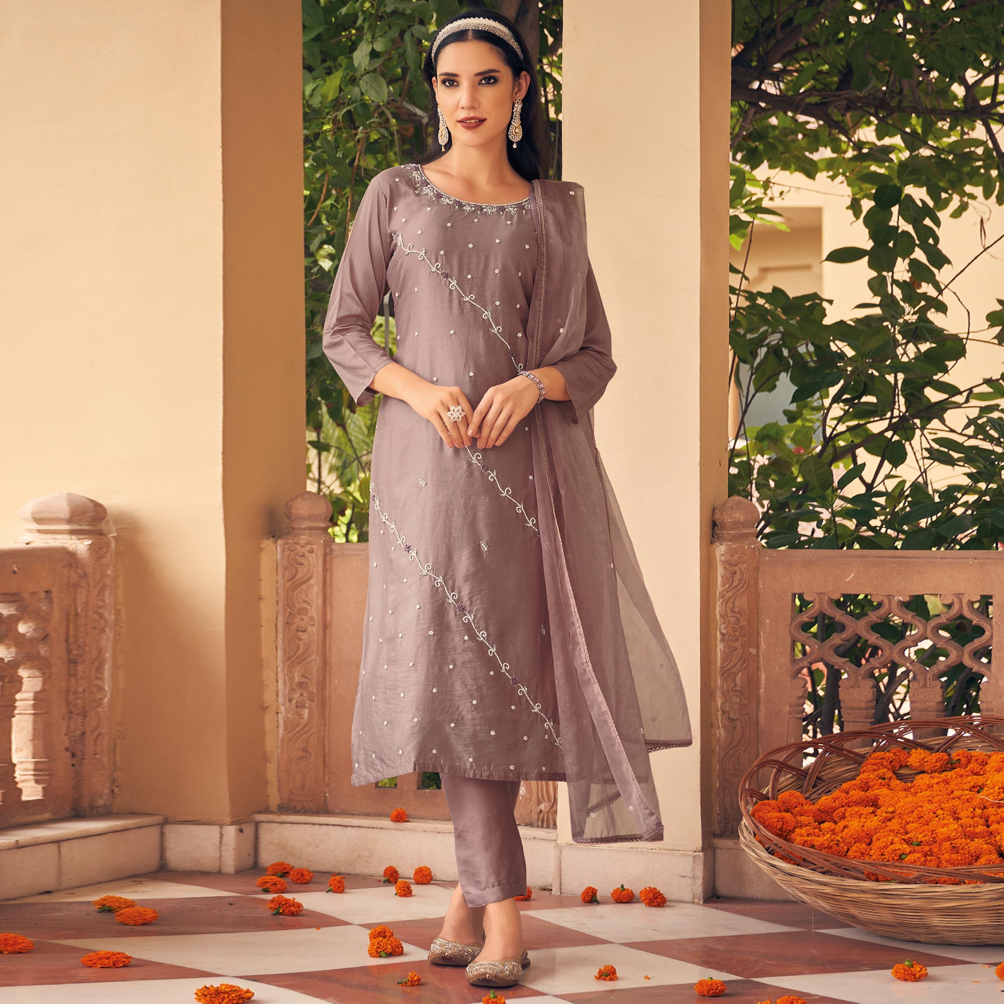 Mauve Embellished Viscose Salwar Suit